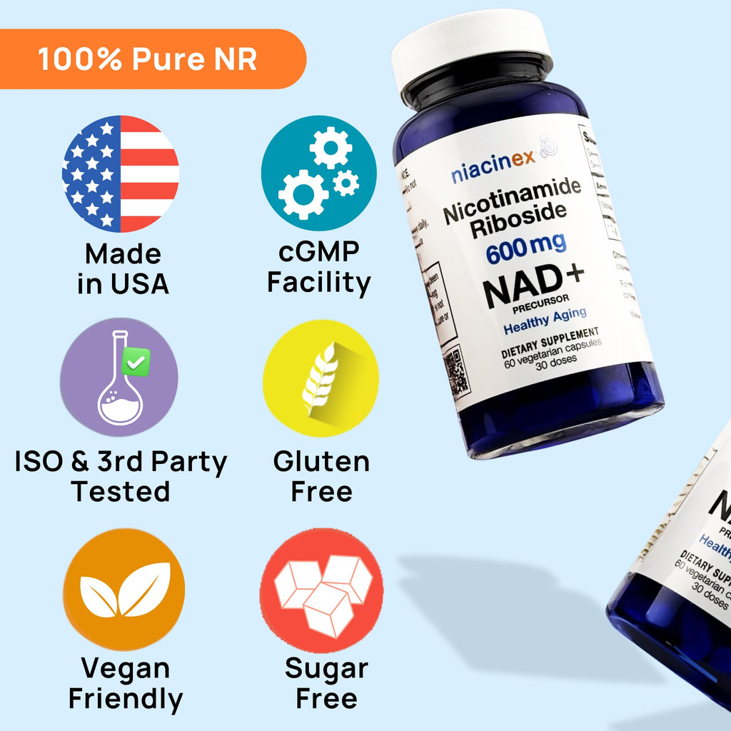 Niacinex NAD+ Supplement - 600mg Pure Nicotinamide Riboside (NR) - Healthy Aging, Mental Clarity & Energy Booster - Cell Regeneration Supplements for Women and Men - 60 NAD Plus Capsules - Made in USA Niacinex Au supplements
