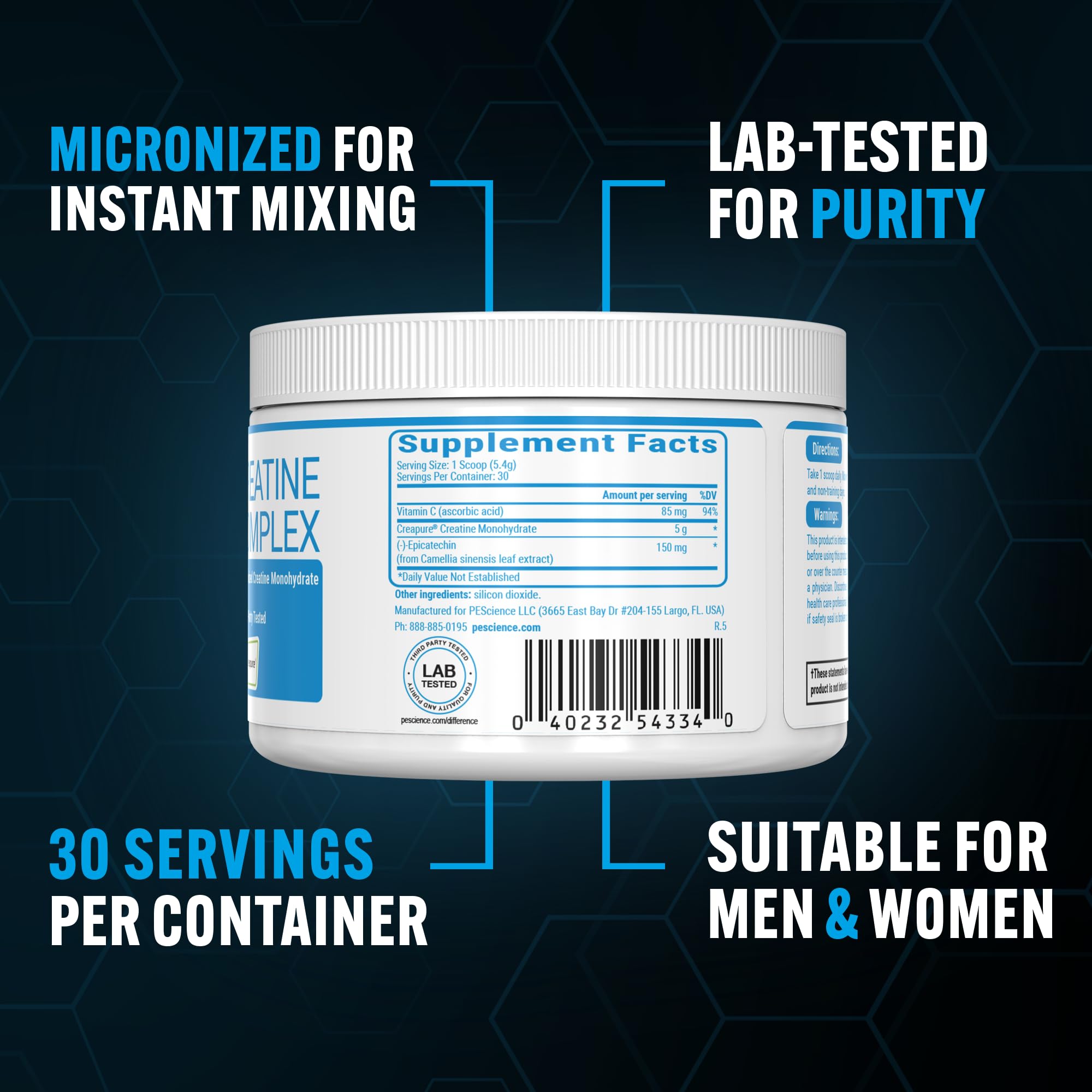 PEScience TruCreatine+ Creatine Monohydrate Powder Plus Epicatechin, Micronized Creapure Creatine for Women & Men, Supports Muscle Growth, Strength & Recovery, Cognition, 30 Servings, Unflavored PEScience Au supplements