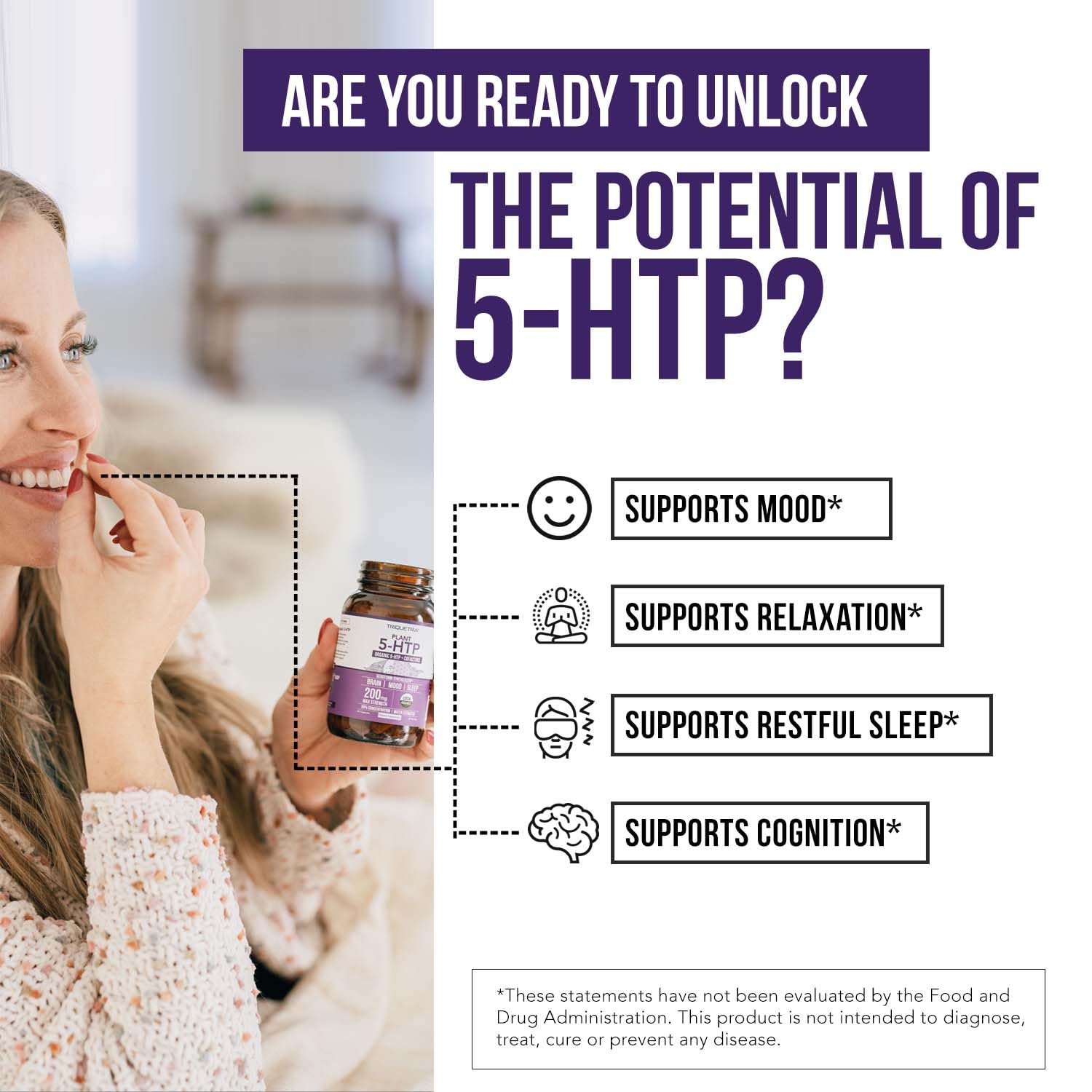 Organic 5-HTP - 200 mg | 99% 5HTP Concentration, Plus Cofactor Vitamin B6 & Lion’s Mane | Water Extracted from Organic Griffonia Seeds | Supports Mood