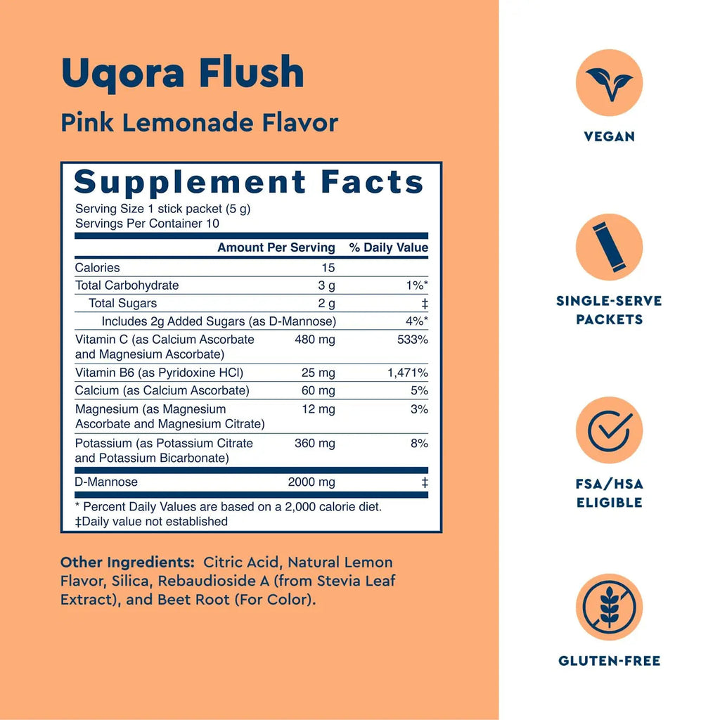 Uqora Flush - Urinary Tract* with D-Mannose, Vitamin C, Vitamin B6, Potassium, Magnesium & Calcium - Gluten-Free & Vegan - Pink Lemonade Flavor - 10 Packets (1 Pack) Uqora Au supplements