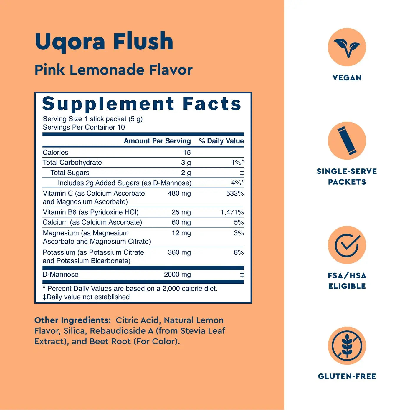 Uqora Flush - Urinary Tract* with D-Mannose, Vitamin C, Vitamin B6, Potassium, Magnesium & Calcium - Gluten-Free & Vegan - Pink Lemonade Flavor - 10 Packets (1 Pack) Uqora Au supplements
