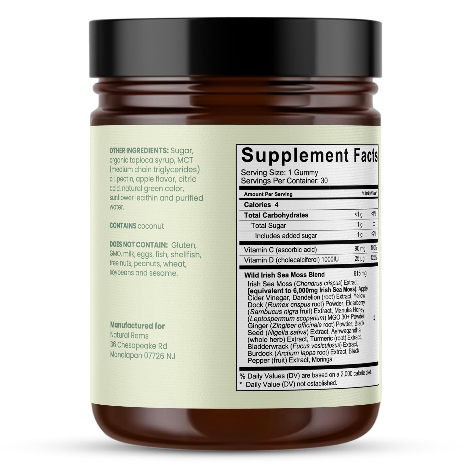 Natural Rems Sea Moss Gummies 16-in-1 - Ashwagandha Black Seed Oil Bladder Wrack Turmeric Vitamin C & D3 with Manuka Burdock Root Dandelion Yellow