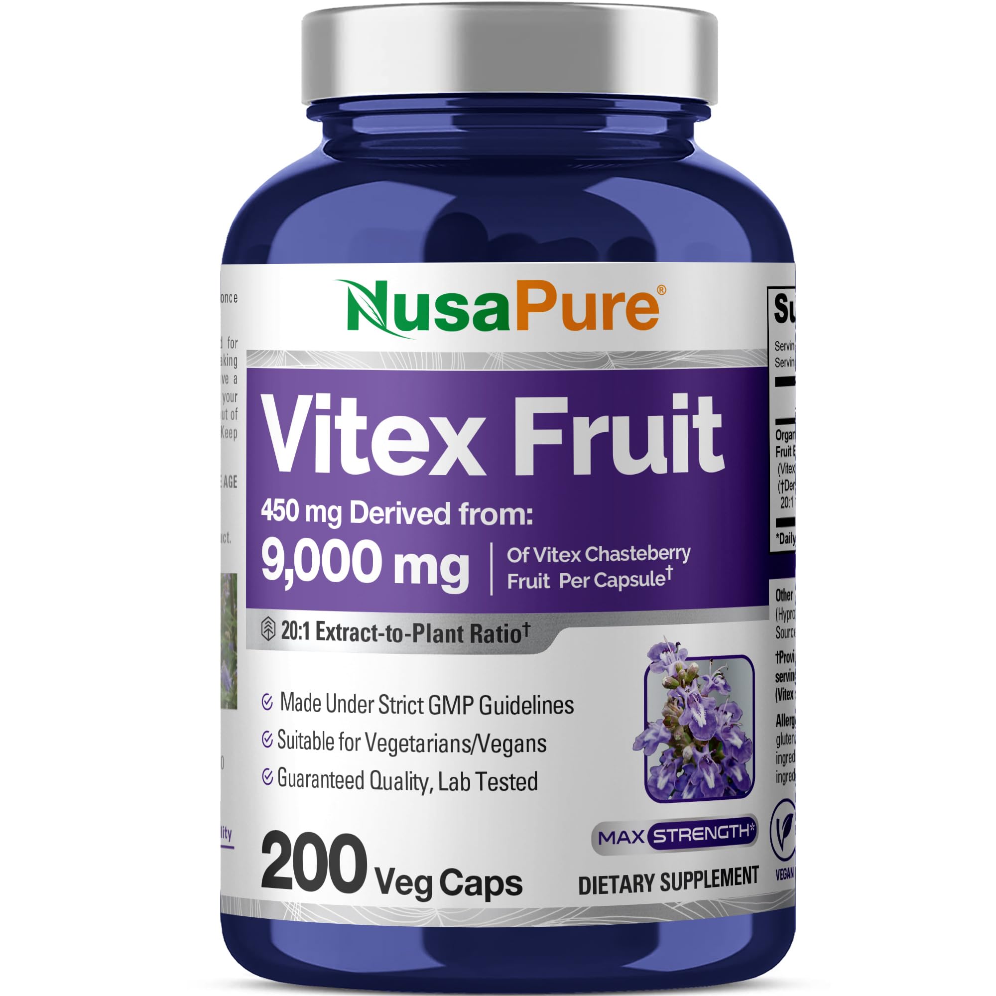 NusaPure Vitex Chasteberry Fruit 20:1 Extract, 450 mg Equivalent to 9,000 mg 200 Vegan Capsules - Non-GMO, Vegan Dietary Supplement NusaPure Au supplements