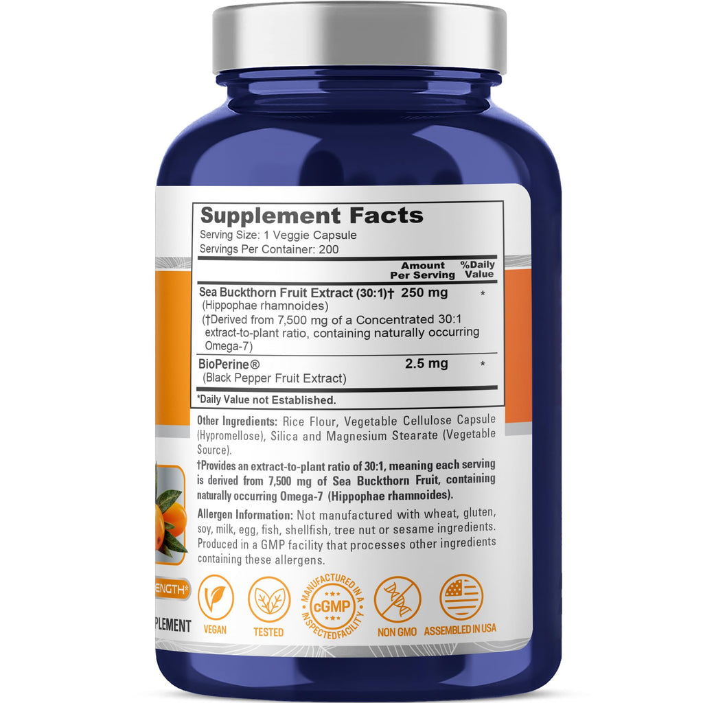 NusaPure Sea Buckthorn Omega-7 30:1 Extract, 250 mg Equivalent to 7,500mg per Veggie Caps - 200 Capsules - Non-GMO & Vegan NusaPure Au supplements