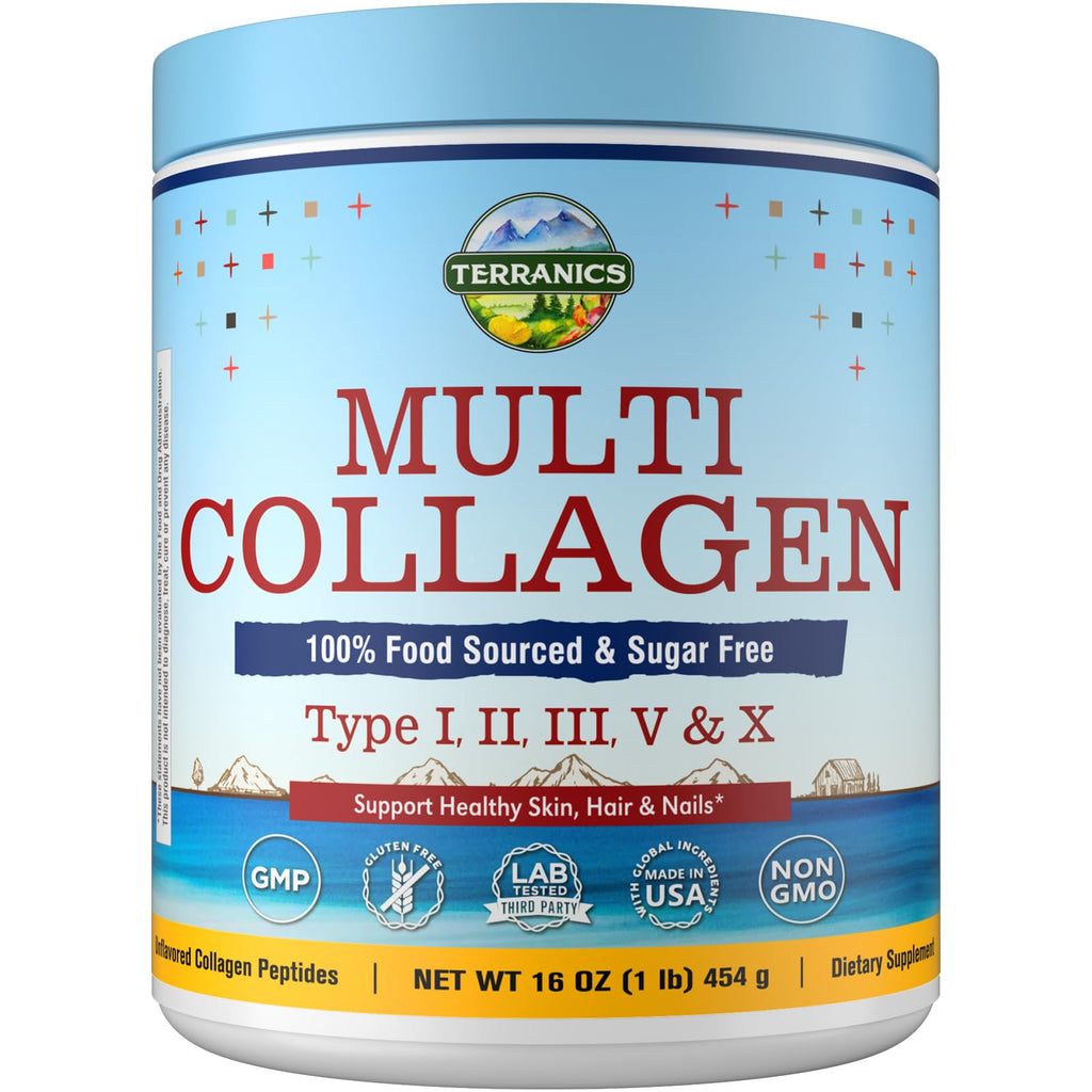 Terranics Multi Collagen Peptides Powder, Type I II III V X Hydrolyzed Collagen for Women+Men, Collagen Supplements, Fast Dissolve