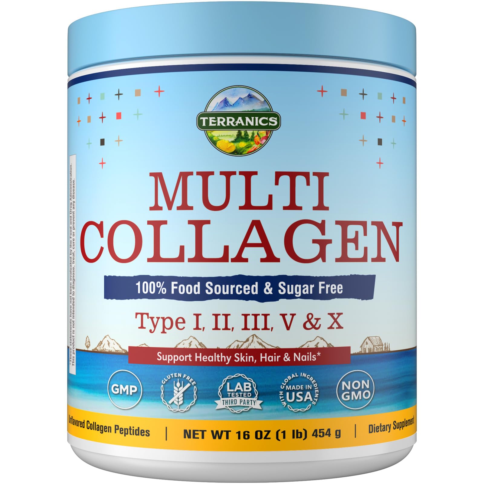 Terranics Multi Collagen Peptides Powder, Type I II III V X Hydrolyzed Collagen for Women+Men, Collagen Supplements, Fast Dissolve