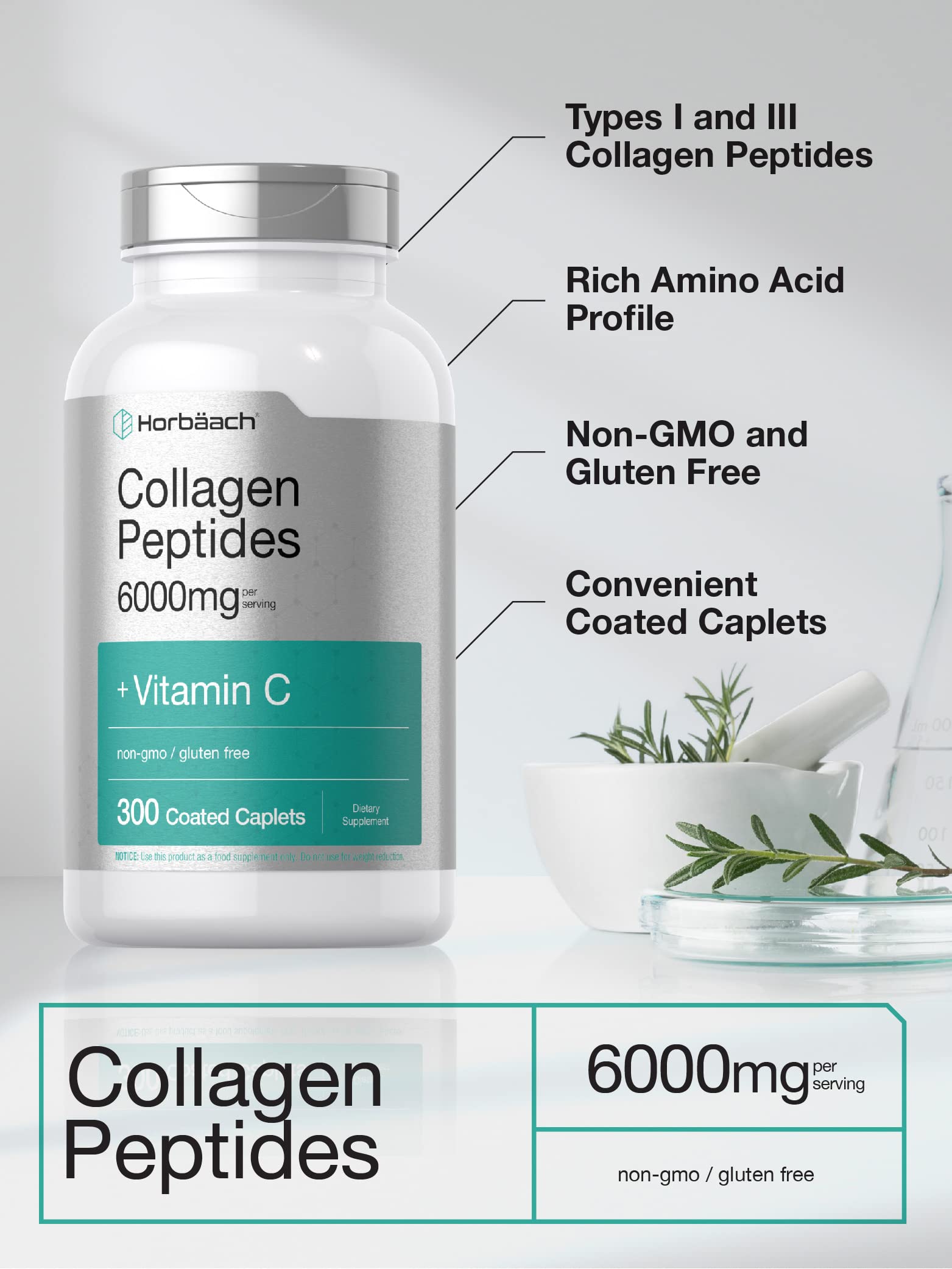Horbäach Collagen Peptides 6000mg | 300 Caplet Pills | with Vitamin C | Hydrolyzed Collagen Supplement | Non-GMO, Gluten Free Horbäach Au supplements