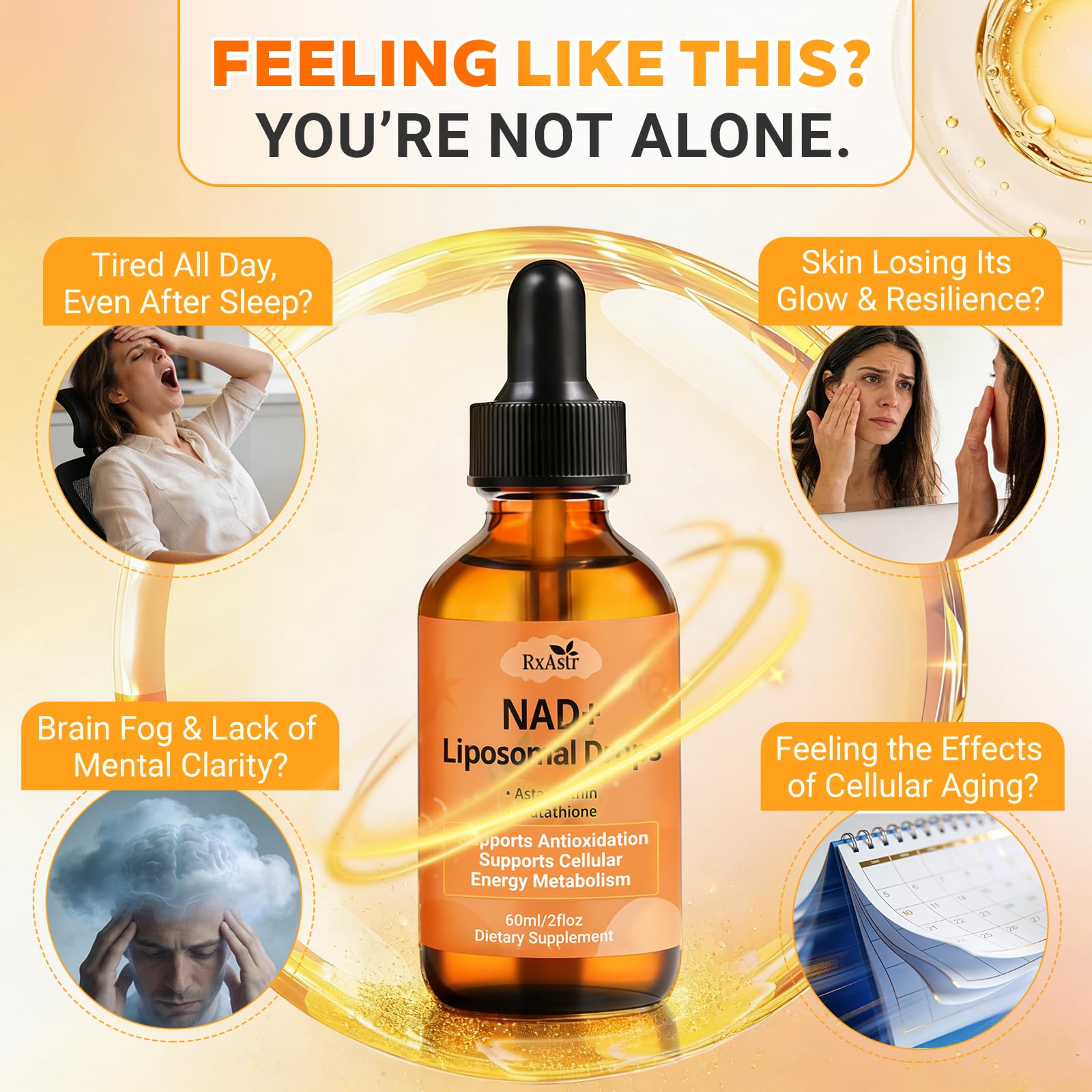 NAD+ Liposomal Drops with Astaxanthin & Glutathione, 600mg NR for Cellular Energy, Antioxidant Defense, Skin & Cognitive Support for Men & Women, Natural Citrus Flavor, Vegan, GMP Certified, 60ml RxAstr Au supplements