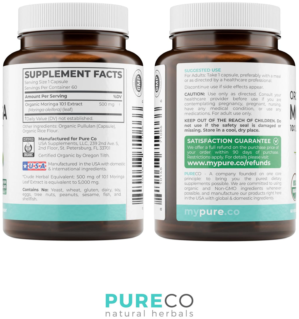 USDA Organic Moringa Capsules - High Potency Organic Moringa 500mg Extract 10:1 Per 1 Capsule Serving - Nutrient Dense Green Superfood Antioxidant