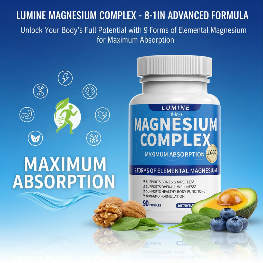 Lumine Magnesium Complex Supplement - Advanced 8-in-1 Elemental 1000mg- Glycinate, Citrate, Malate, Taurate