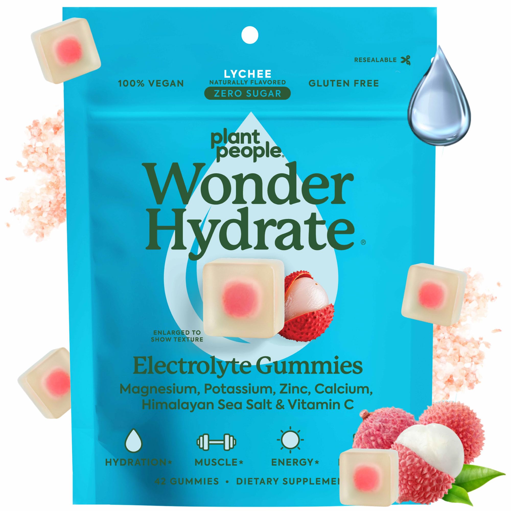Plant People WonderHydrate Electrolyte Gummies – Vegan Hydration Supplement with Magnesium, Potassium, Zinc, Vitamin C & Himalayan Sea Salt – Zero Sugar Lychee (42 Count) Plant People Au supplements
