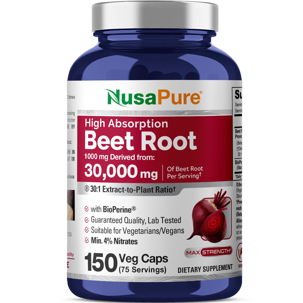 NusaPure Beet Root 30:1 Extract, 1000 mg Equivalent to 30,000 mg 150 Veggie caps (Vegan, Non-GMO & Vegan 4% Nitrates) Bioperine NusaPure Au supplements