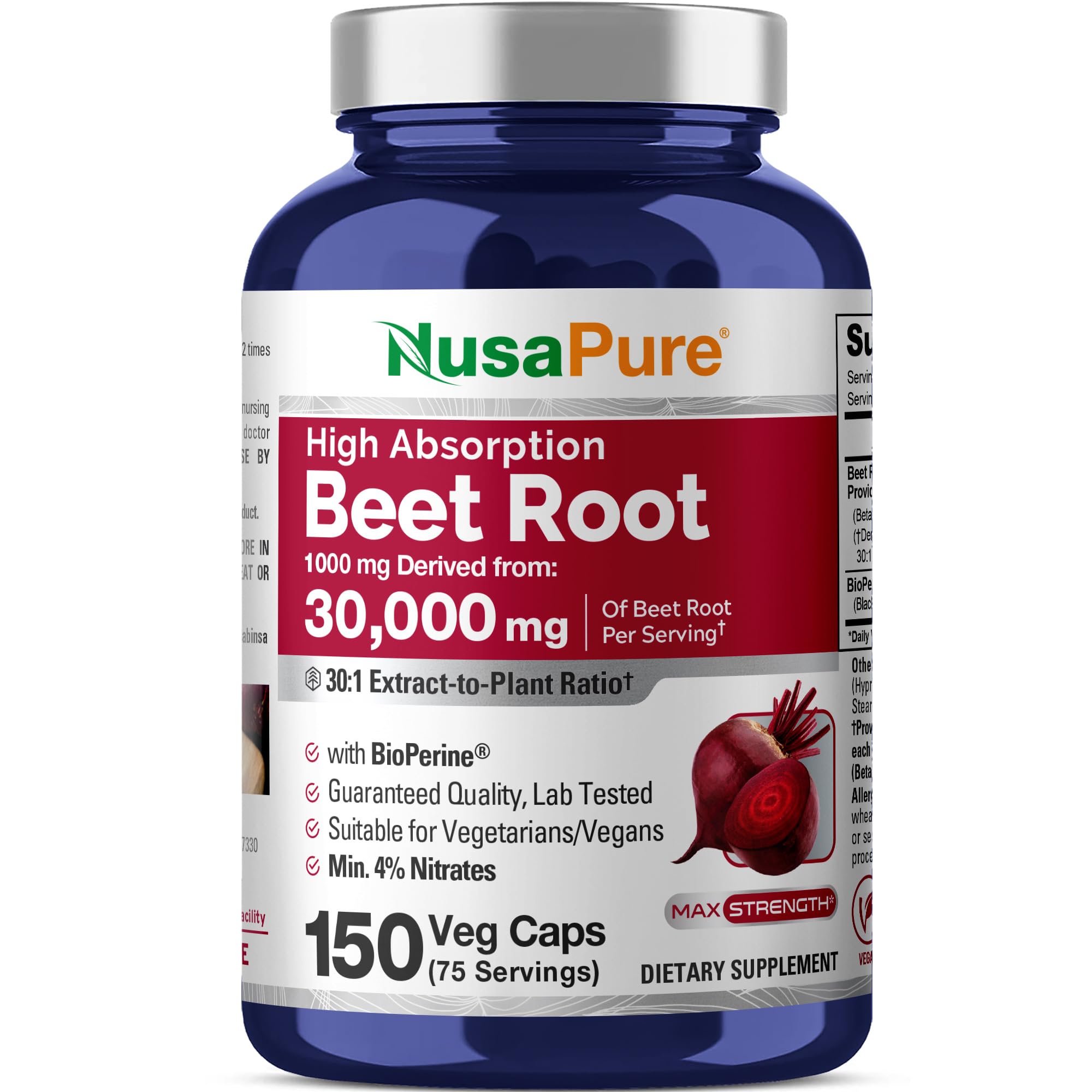 NusaPure Beet Root 30:1 Extract, 1000 mg Equivalent to 30,000 mg 150 Veggie caps (Vegan, Non-GMO & Vegan 4% Nitrates) Bioperine NusaPure Au supplements