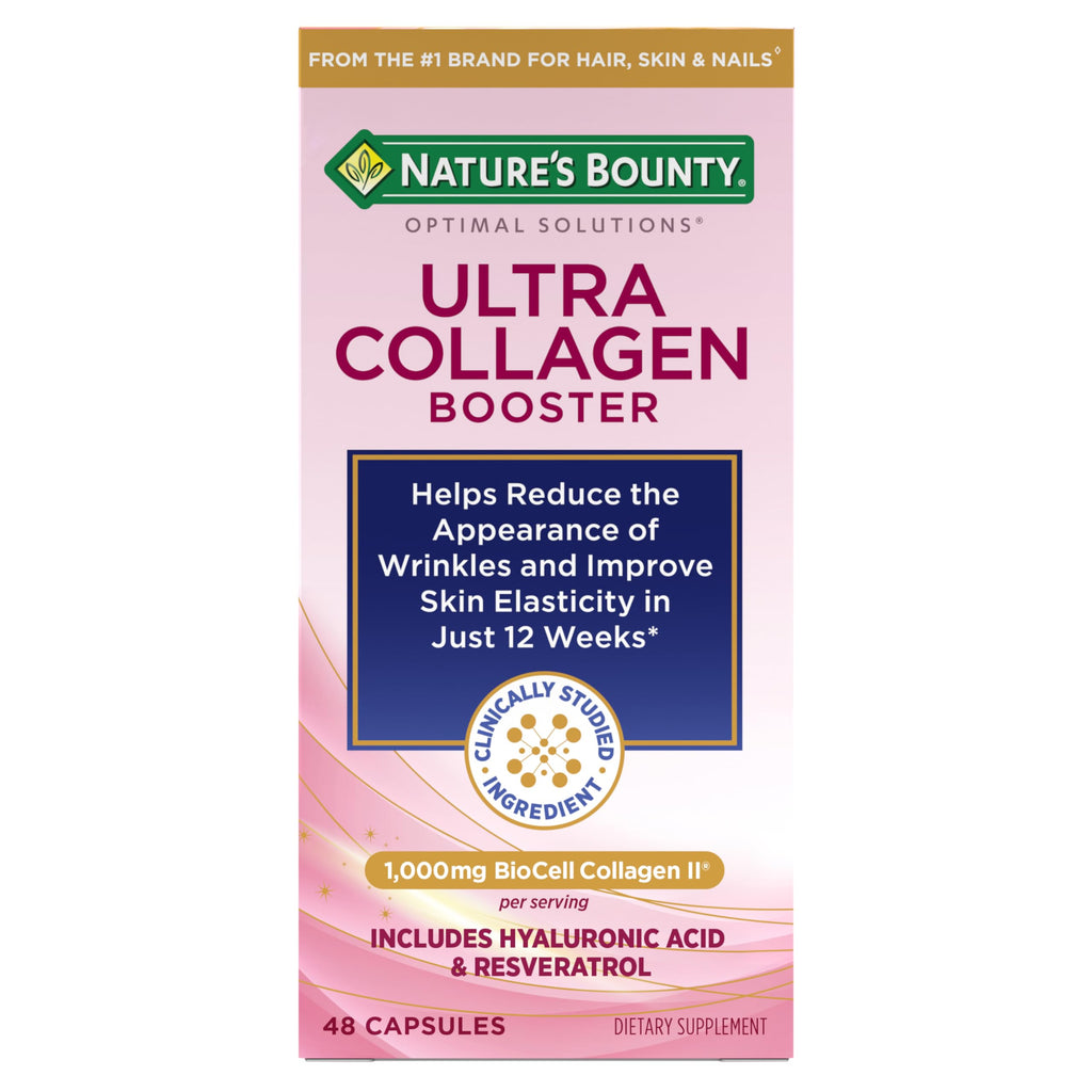 Nature’s Bounty Optimal Solutions Ultra Collagen Booster for Healthy-Aging Supplement, Resveratrol, Hyaluronic Acid – Collagen Capsules for Women, 48 Capsules