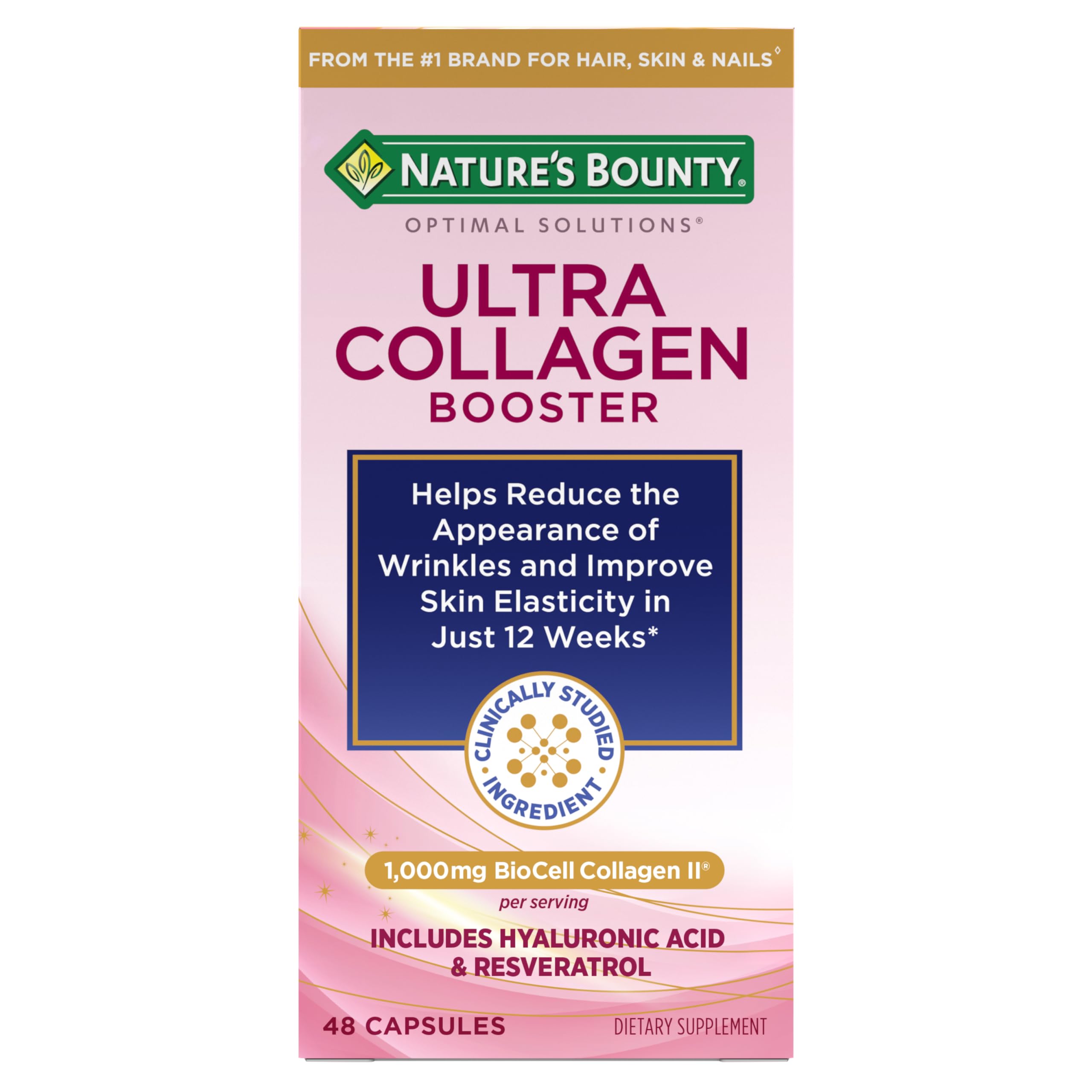 Nature’s Bounty Optimal Solutions Ultra Collagen Booster for Healthy-Aging Supplement, Resveratrol, Hyaluronic Acid – Collagen Capsules for Women, 48 Capsules