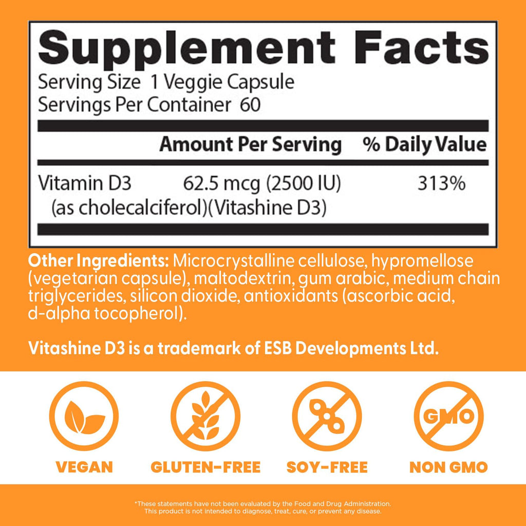 Doctors Best Vegan Vitamin D3 2500 IU Veg Caps - Vegan Vitamin D Supplement for Men & Women, Helps Support Calcium Absorption, Heart Health & Immune Support,