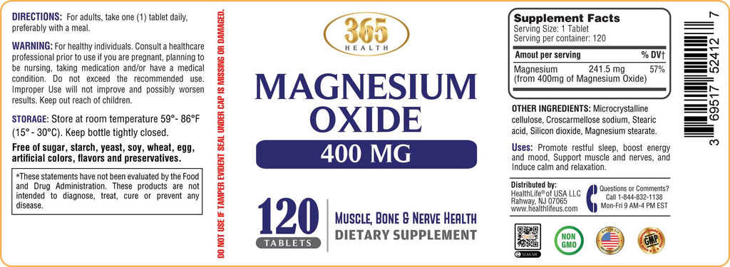 Magnesium 400mg [High Potency] Supplement – Magnesium Oxide for Immune Support, Muscle Recovery, Leg Cramps and Relaxation 120 Tablets-USA Made HEALTH LFE Au supplements