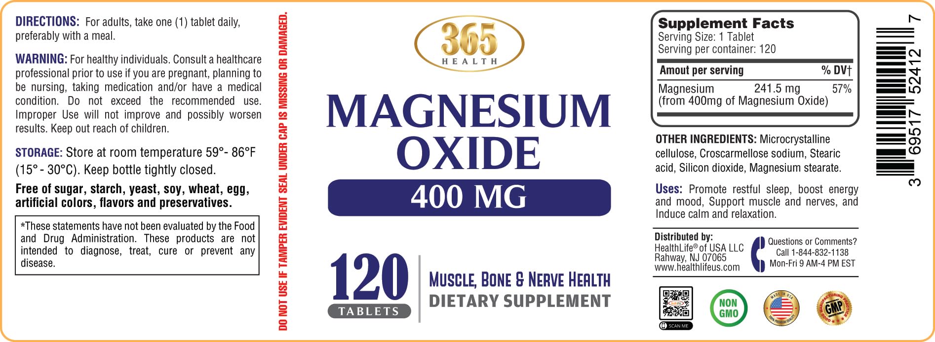 Magnesium 400mg [High Potency] Supplement – Magnesium Oxide for Immune Support, Muscle Recovery, Leg Cramps and Relaxation 120 Tablets-USA Made HEALTH LFE Au supplements