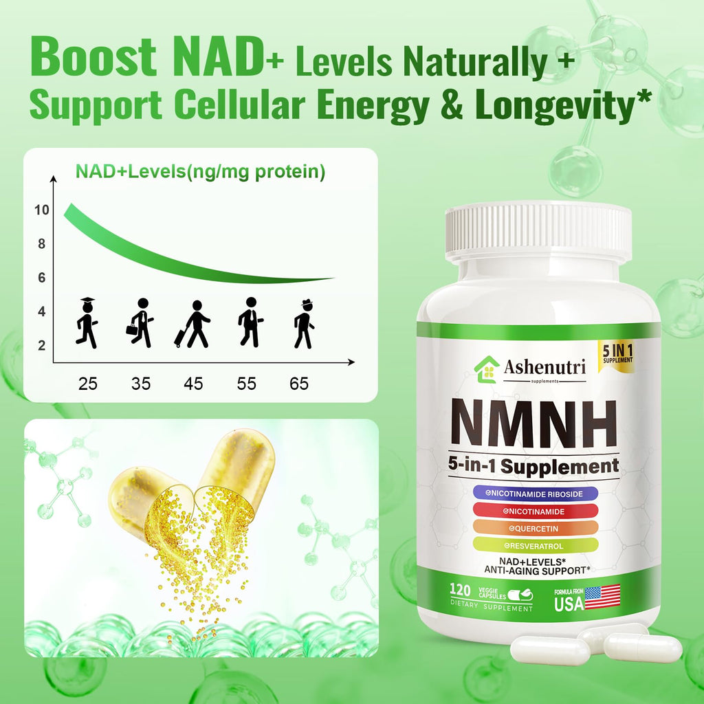 NMNH (Dihydronicotinamide Mononucleotide), NMN Alternative Supplement w/Niacinamide (Vitamin B3), Quercetin, Trans-Resveratrol, Support NAD+, Skin Cell Health*, Anti-Aging & Energy, 120 Caps Ashenutri Au supplements