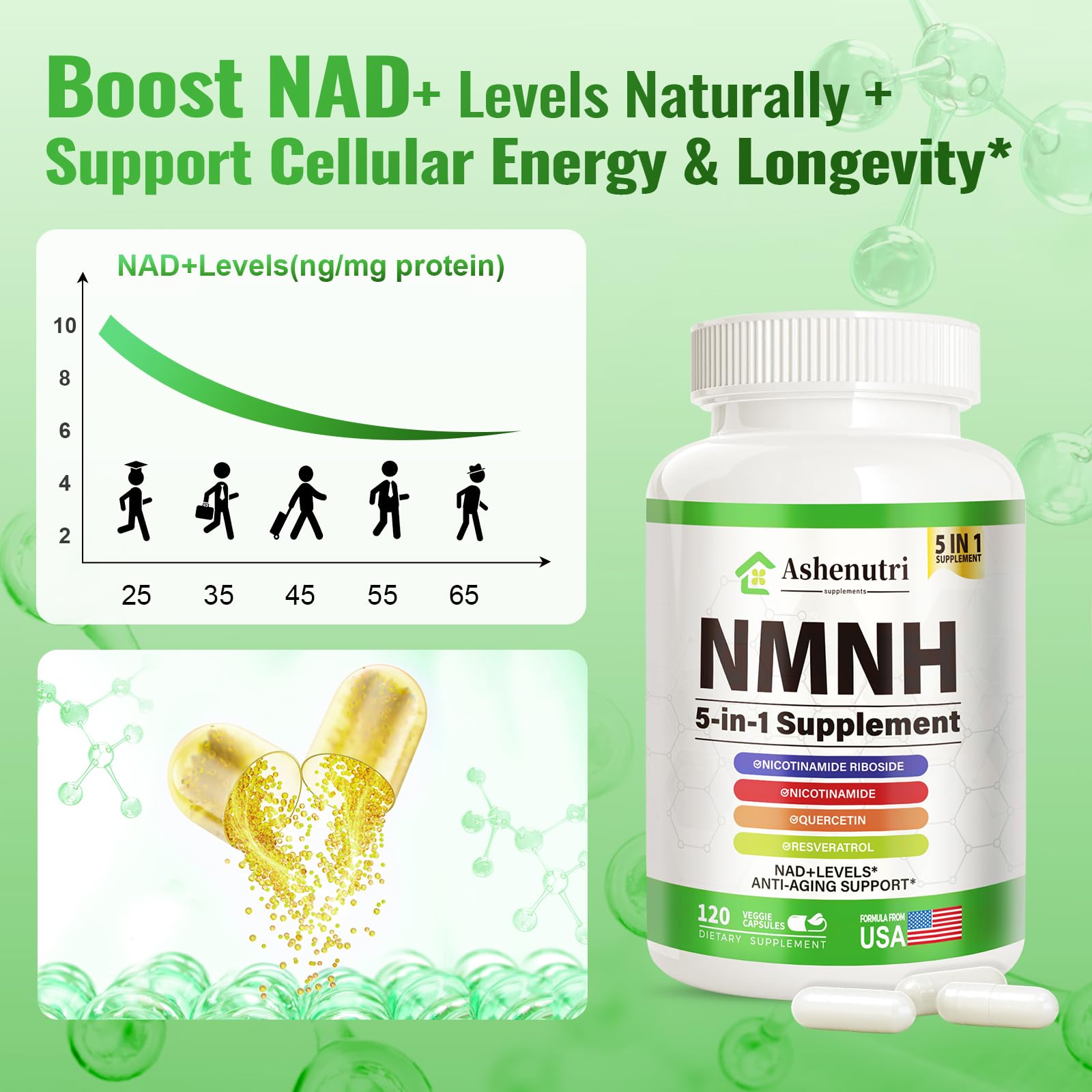 NMNH (Dihydronicotinamide Mononucleotide), NMN Alternative Supplement w/Niacinamide (Vitamin B3), Quercetin, Trans-Resveratrol, Support NAD+, Skin Cell Health*, Anti-Aging & Energy, 120 Caps Ashenutri Au supplements