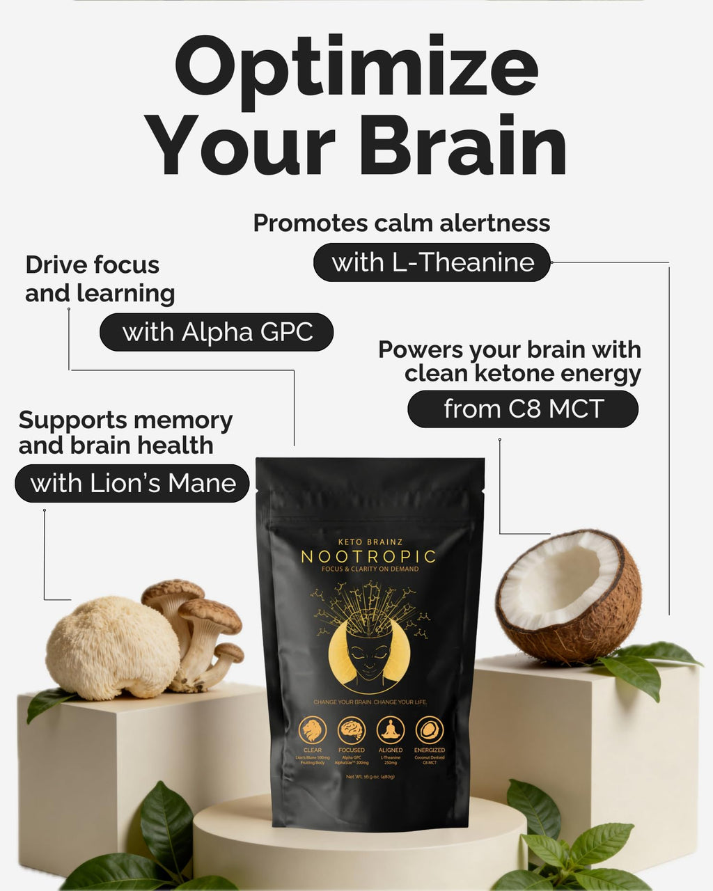 Keto Brainz C8MCT Based Nootropic - with 500mg Lion's Mane Mushroom, AlphaGPC & L-Theanine This is The Ultimate Easy to use nootropic Stack & Makes Delicious Mushroom Coffee! 16oz. 30 Servings Keto Brainz Au supplements