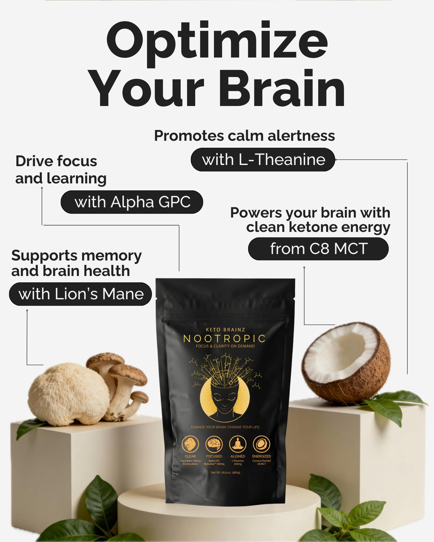 Keto Brainz C8MCT Based Nootropic - with 500mg Lion's Mane Mushroom, AlphaGPC & L-Theanine This is The Ultimate Easy to use nootropic Stack & Makes Delicious Mushroom Coffee! 16oz. 30 Servings Keto Brainz Au supplements