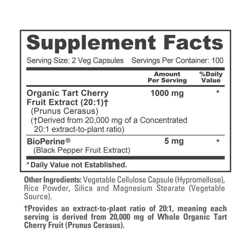 NusaPure Organic Tart Cherry 20:1 Extract, 1000 mg Equivalent to 20,000 mg 200 Veggie Caps (Vegan, Non-GMO) Bioperine NusaPure Au supplements