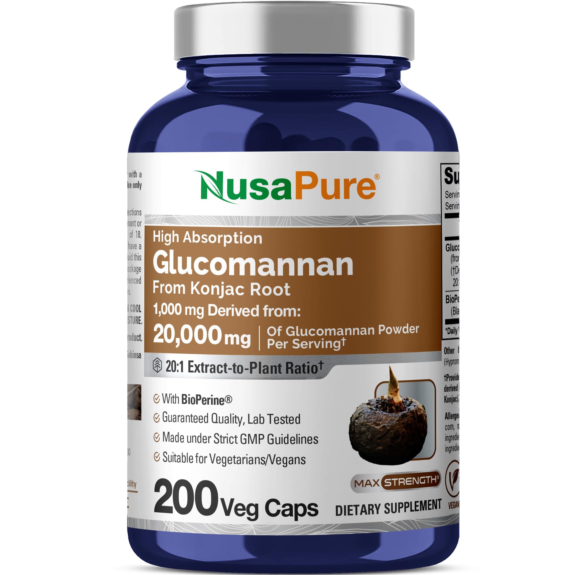 NusaPure Glucomannan 20,000 mg per Serving 200 VCaps (20:1 Extract, BioPerine Non-GMO, Vegan) Konjac Root NusaPure Au supplements