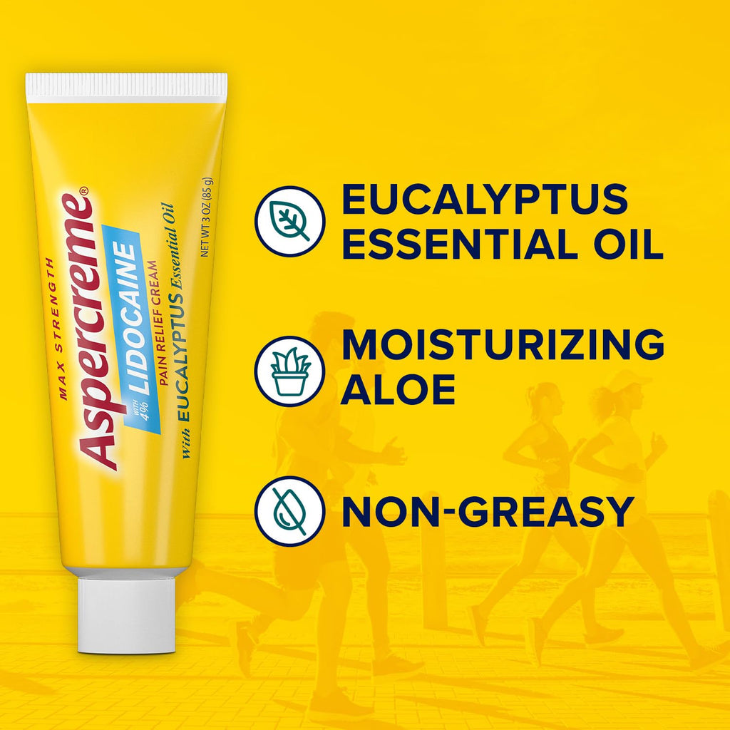 Aspercreme Essential Oils Lidocaine Pain Relief Cream, Max-Strength Lidocaine Numbs Away Nerve Pain, Moisturizing Aloe Hydrates Skin, Eucalyptus, 3 Oz. Aspercreme Au supplements