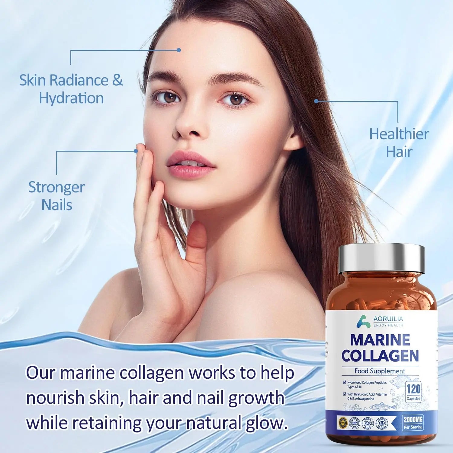 Marine Collagen Supplements for Women Men 2000mg 120 Capsules Hyaluronic Acid, Vitamin C, Vitamin E, & Ashwagandha Aoruilia Au supplements