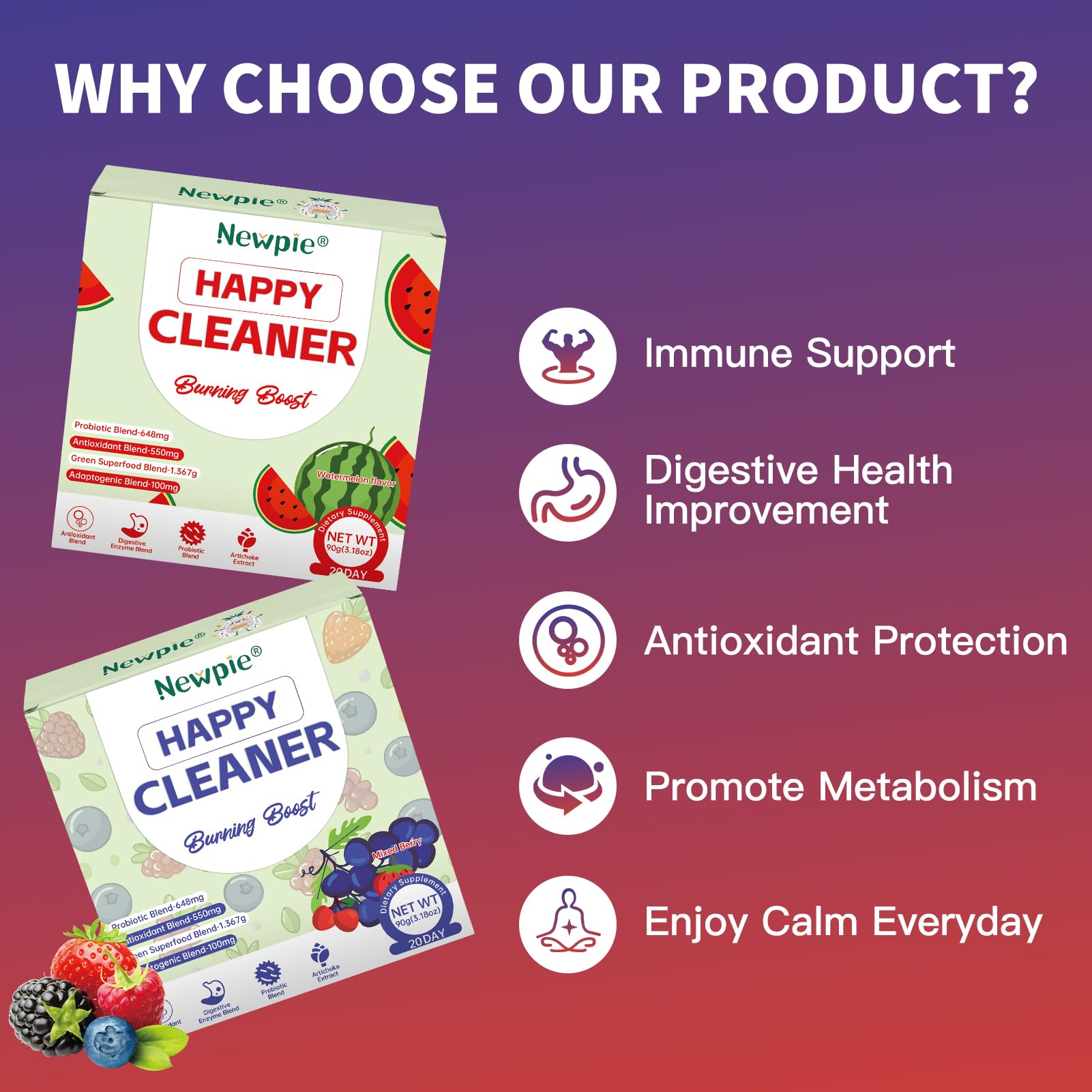 Blltzzz Newpie Superfoods Happy Cleaner Probiotic Powder,Watermelon Flavor Prebiotic & Probiotic Powder,Organic Fiber,Sugar Free,Gut Health,Natural Antioxidant