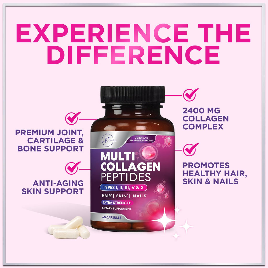 Multi Collagen Supplement 2400 mg - Types I, II, III, V & X Multi Collagen Peptides Pills for Women & Men, Hydrolyzed Collagen Supplements, Hair, Skin, Nail, & Joint Support Supplement, 60 Capsules Hello Lovely! Au supplements