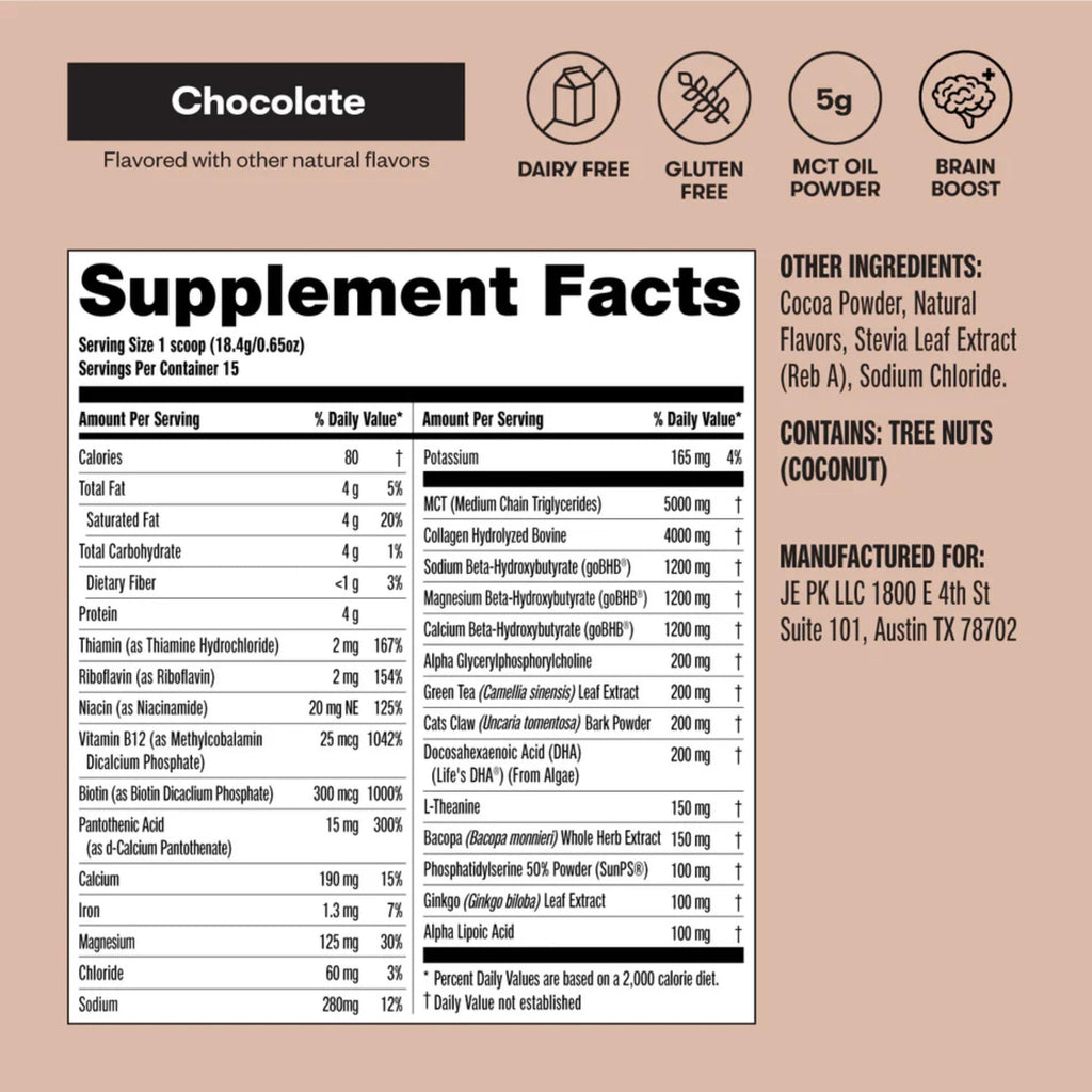 Perfect Keto Nootropic Brain Support, Caffeine Free Focus and Energy Supplement with Alpha Lipoic Acid, L Theanine, Ginkgo Biloba, Alpha GPC, MCT's, Collagen, Ketones, Chocolate Drink Mix, 15 Servings Perfect Keto Au supplements