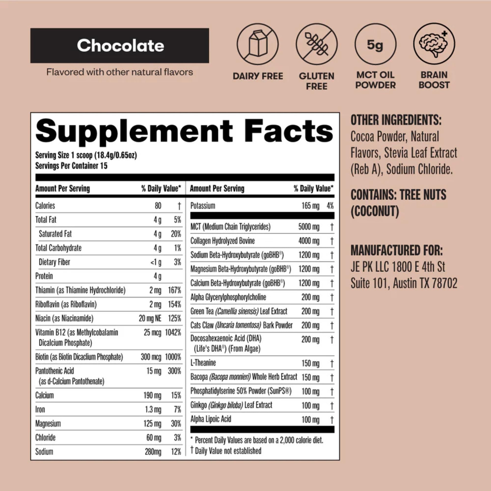 Perfect Keto Nootropic Brain Support, Caffeine Free Focus and Energy Supplement with Alpha Lipoic Acid, L Theanine, Ginkgo Biloba, Alpha GPC, MCT's, Collagen, Ketones, Chocolate Drink Mix, 15 Servings Perfect Keto Au supplements