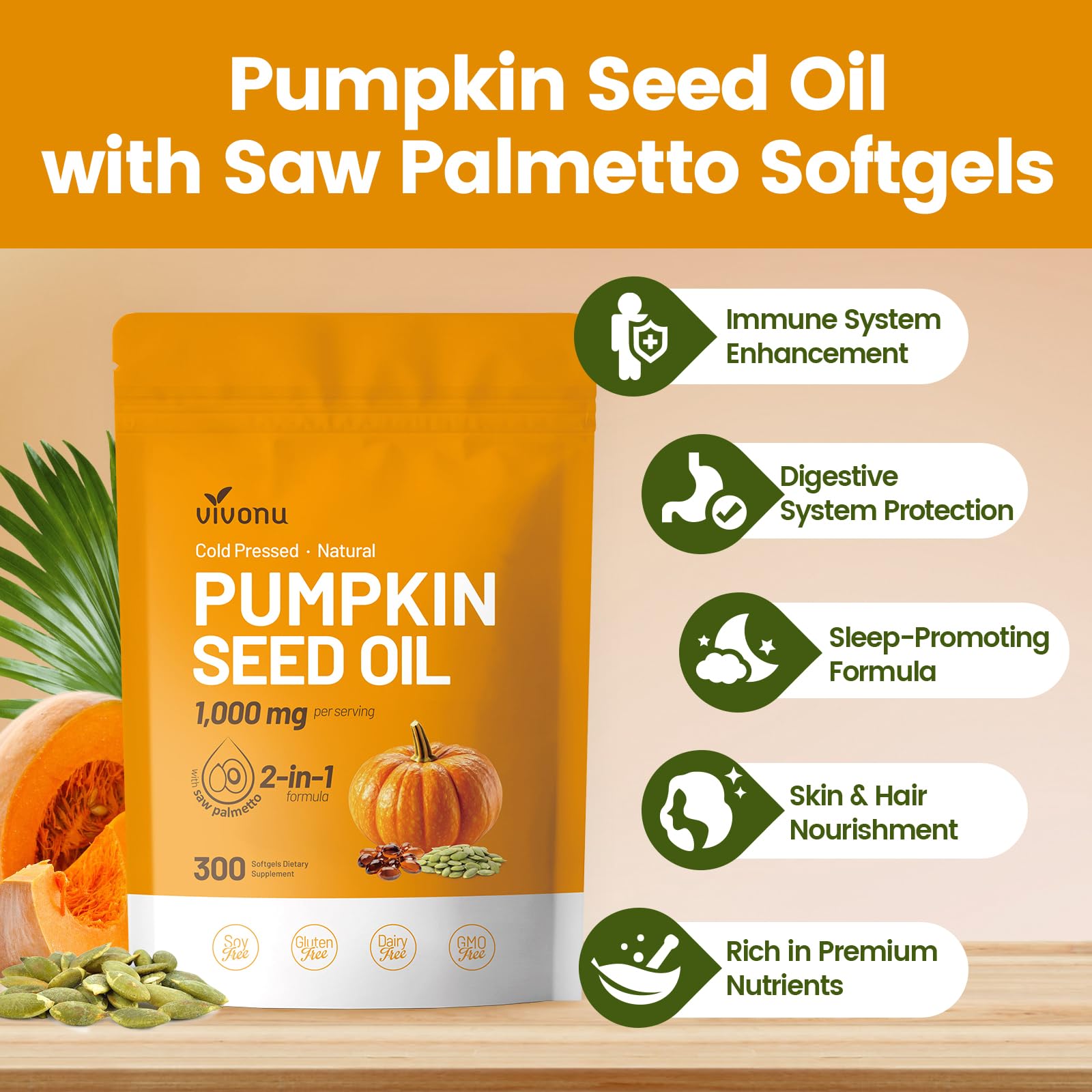 VivoNu Pumpkin Seed Oil with Saw Palmetto Capsules | Cold Pressed, Pure Virgin Oil, Essential Fatty Acids & Phytosterols | 300 SoftgelsSupports Hair, Urinary