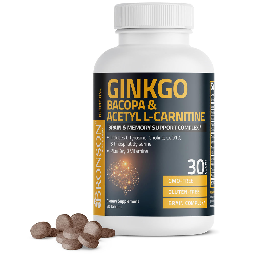 Bronson Ginkgo, Bacopa & Acetyl L-Carnitine Brain & Memory Support Complex with L-Tyrosine, Choline, CoQ10 & Phosphatidylserine Plus Key B Vitamins Non-GMO, 30 Tablets Bronson Au supplements