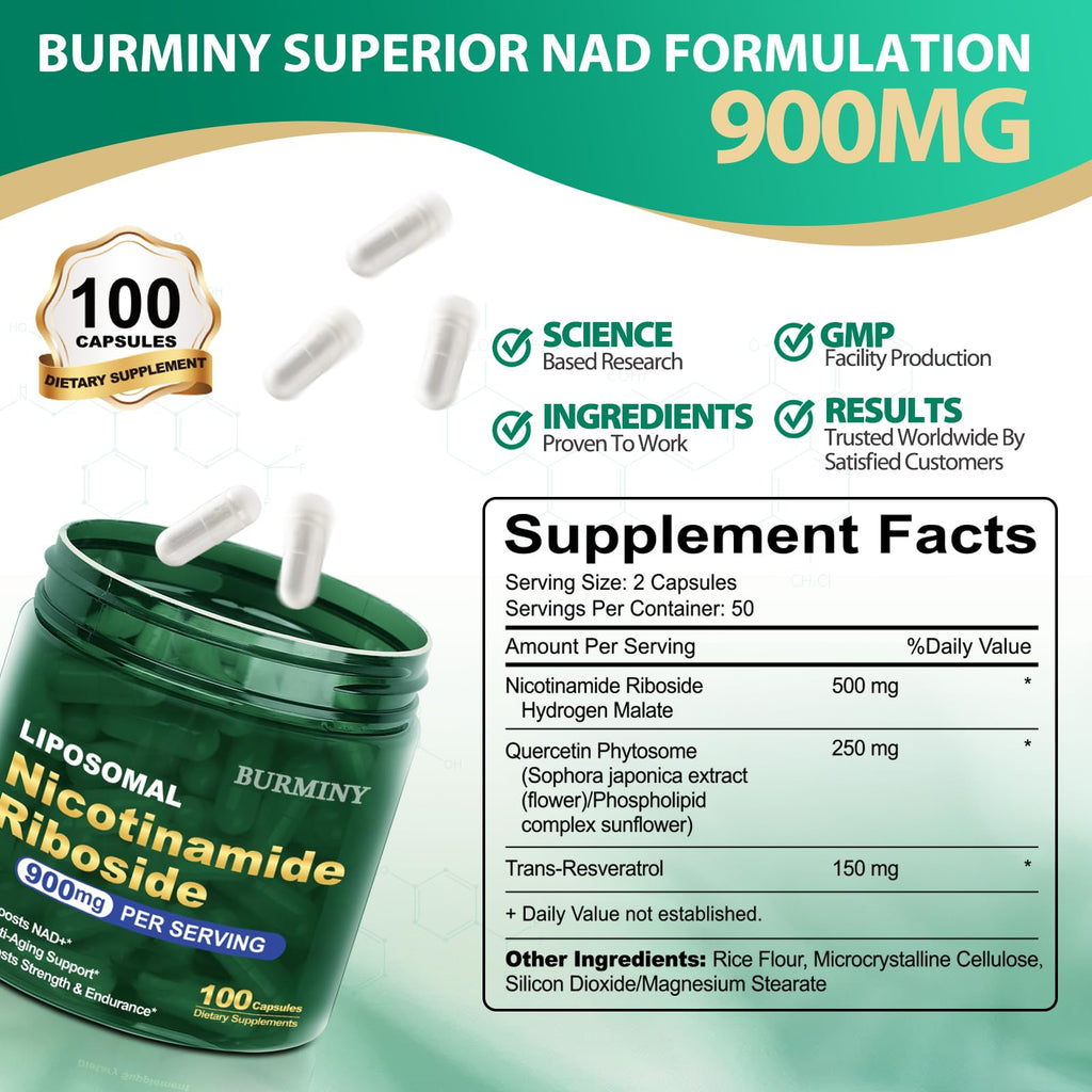 BURMINY NAD Supplement, NAD Nicotinamide Riboside Resveratrol 900mg, Liposomal NAD Supplements for Women & Man, High Purity NMNH Supplement Alternative for Anti-Aging, Energy, Focus - 2Pcs BURMINY Au supplements