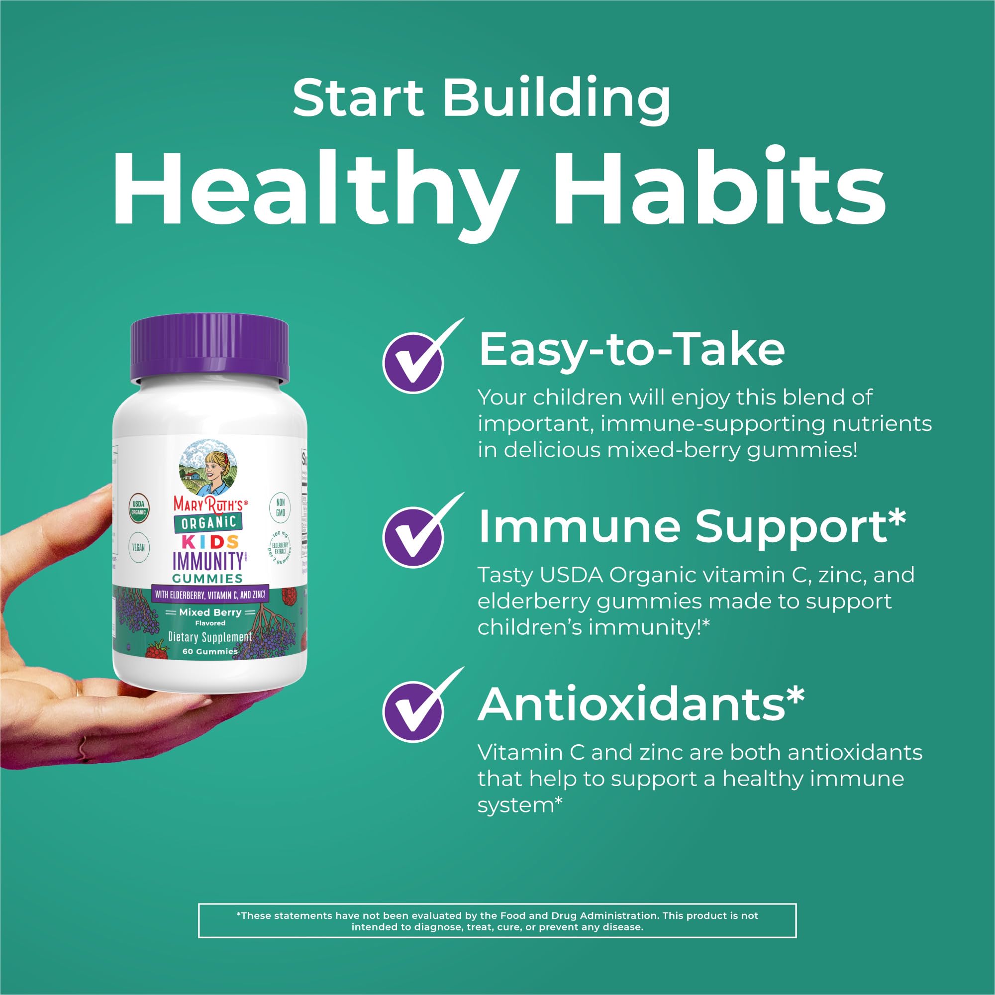 MaryRuth Organics Kids Immune Support Gummies | USDA Organic | Vitamin C, Zinc, and Elderberry Gummies for Kids| Immune Support for Ages 4+ | Vegan
