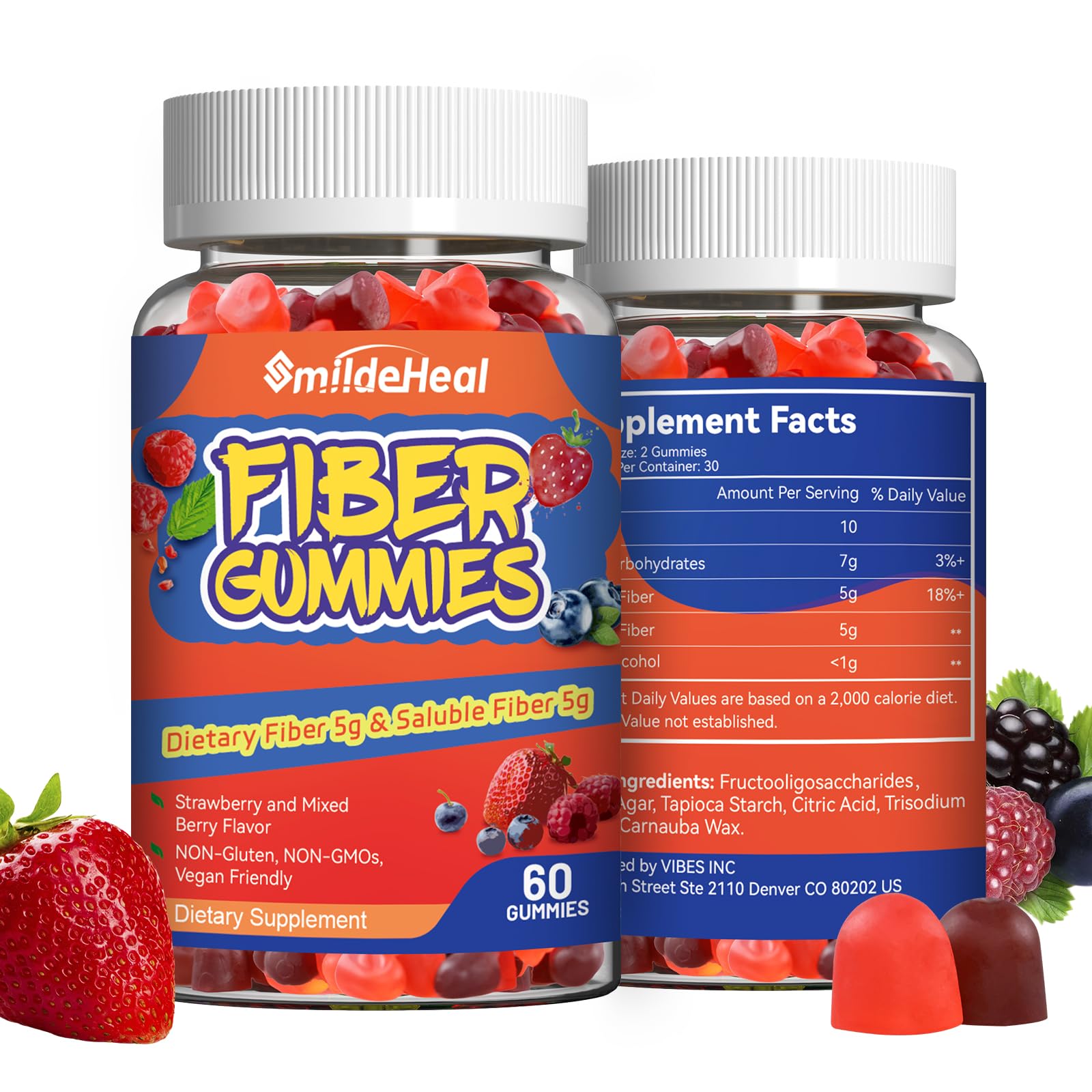 SmildeHeal Fiber Gummies, Dietary Fiber, for Women and Men, Gut Health Support, Non-GMOs, Non-Gluten, Vegan, Mixed Berry