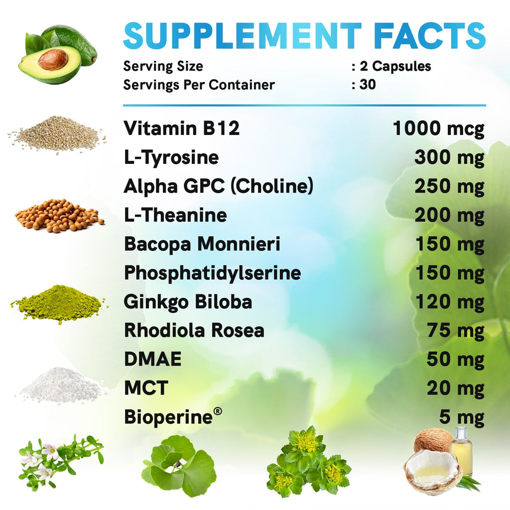 12-in-1 Nootropic Brain Supplement Anhydrous: Ginkgo Biloba for Brain Support, Memory and Focus - B12, Alpha GPC, L Theanine and Choline Supplements with Bioperine non Caffeinated 1321mg (120ct) MEDCHOICE Au supplements