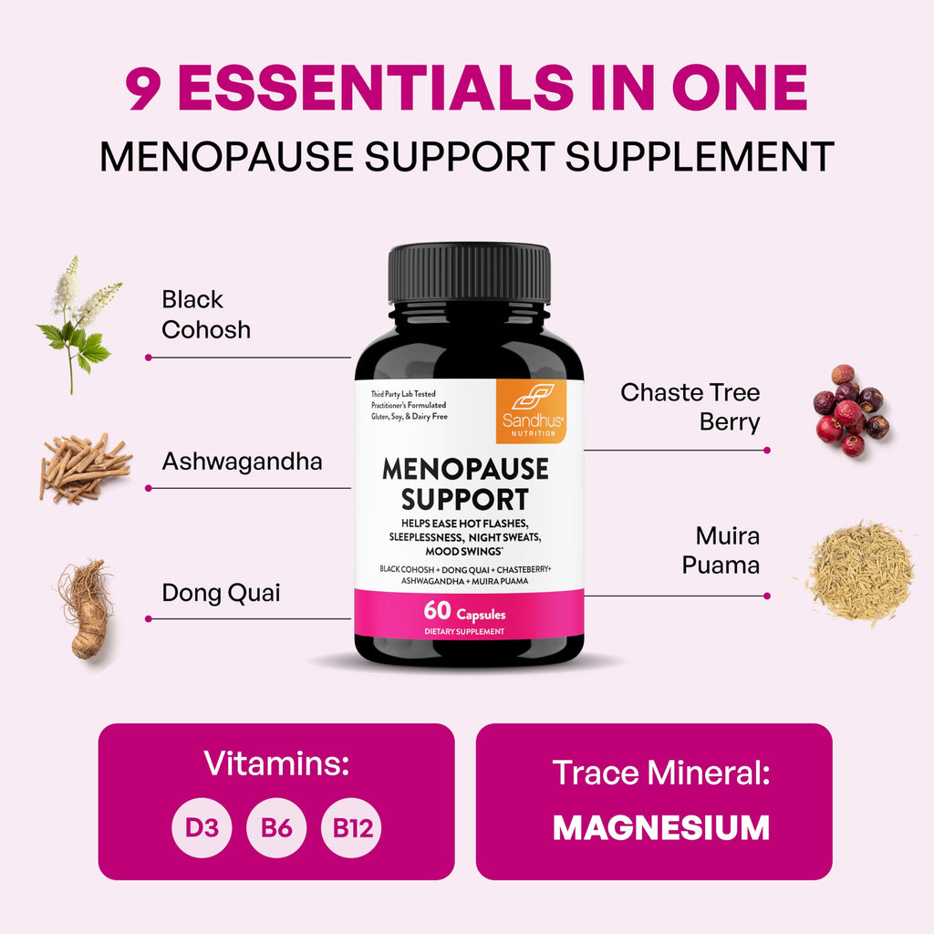Complete Menopause Support Supplement For Women | With Ashwagandha, Black Cohosh, Dong Quai & Muira Puama | Helps Easing Hot Flashes, Night Sweats, Mood Swings, Hormone Balance & Harmony | 60 Capsules Sandhu's Au supplements