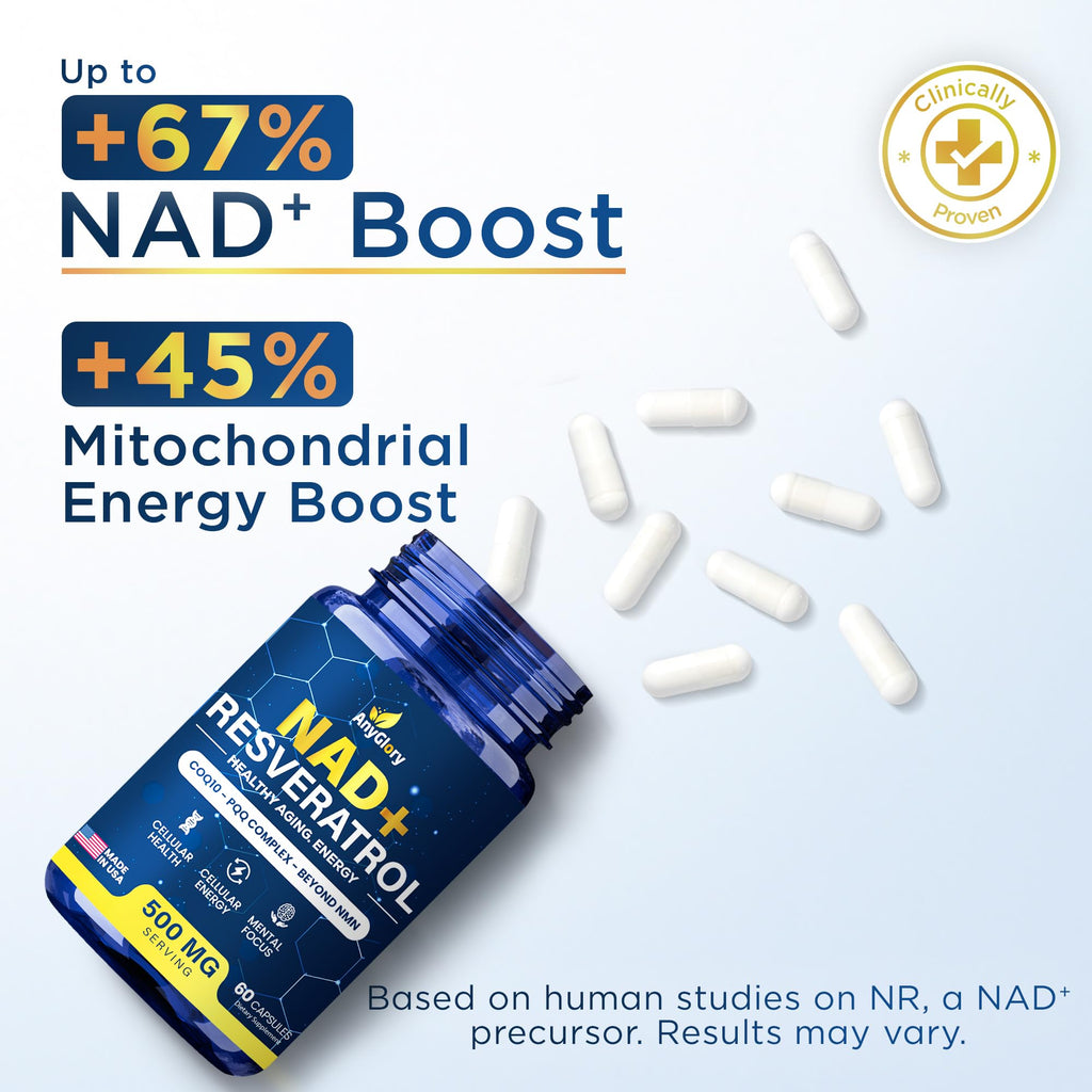 Anyglory NAD+ Supplement with 500mg NR, Resveratrol, CoQ10, PQQ- 5-in-1 NAD Formula |NMN Supplement Alternative|NAD Resveratrol Support Cellular Energy & Healthy Aging-Made in USA-60 Capsules Anyglory Au supplements