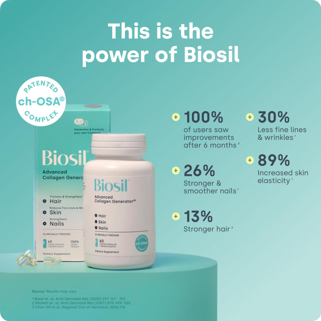 Biosil Collagen Booster Supplement - 180 Vegan Capsules - Patented ch-OSA Activator for Skin, Hair, Nails & Joints - Supports Natural Production - 90-Day Supply