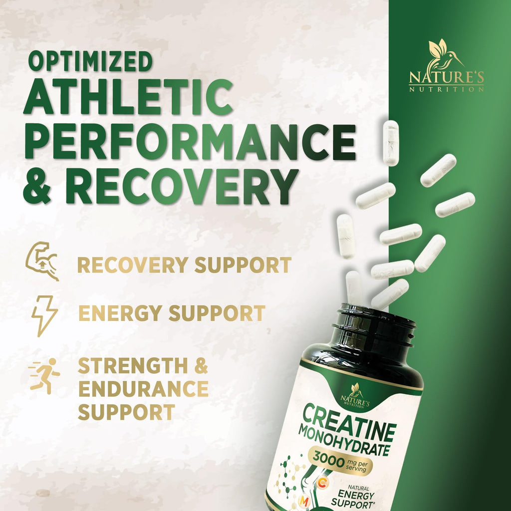 Creatine Monohydrate Capsules 3000mg Per Serving – Micronized Creatine Powder - Supports Lean Muscle, Strength, Energy, & Endurance - Nature's Supplement, Non-GMO, Bottled in USA - 120 Capsules Nature's Nutrition Au supplements