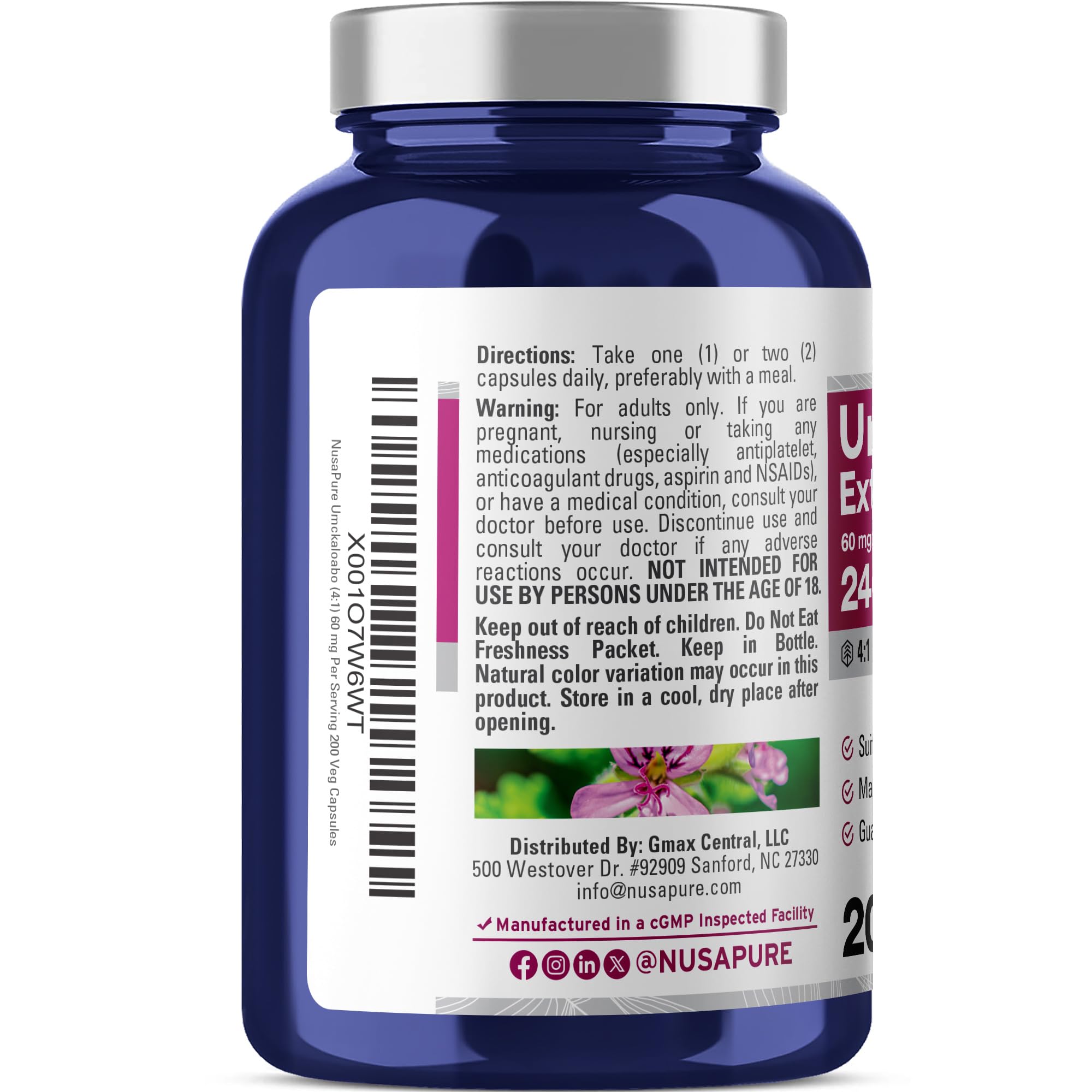 NusaPure Umckaloabo 4:1 Extract, 60 mg Equivalent to 240 mg Veggie Caps 200 Count (Non-GMO, Vegan) NusaPure Au supplements