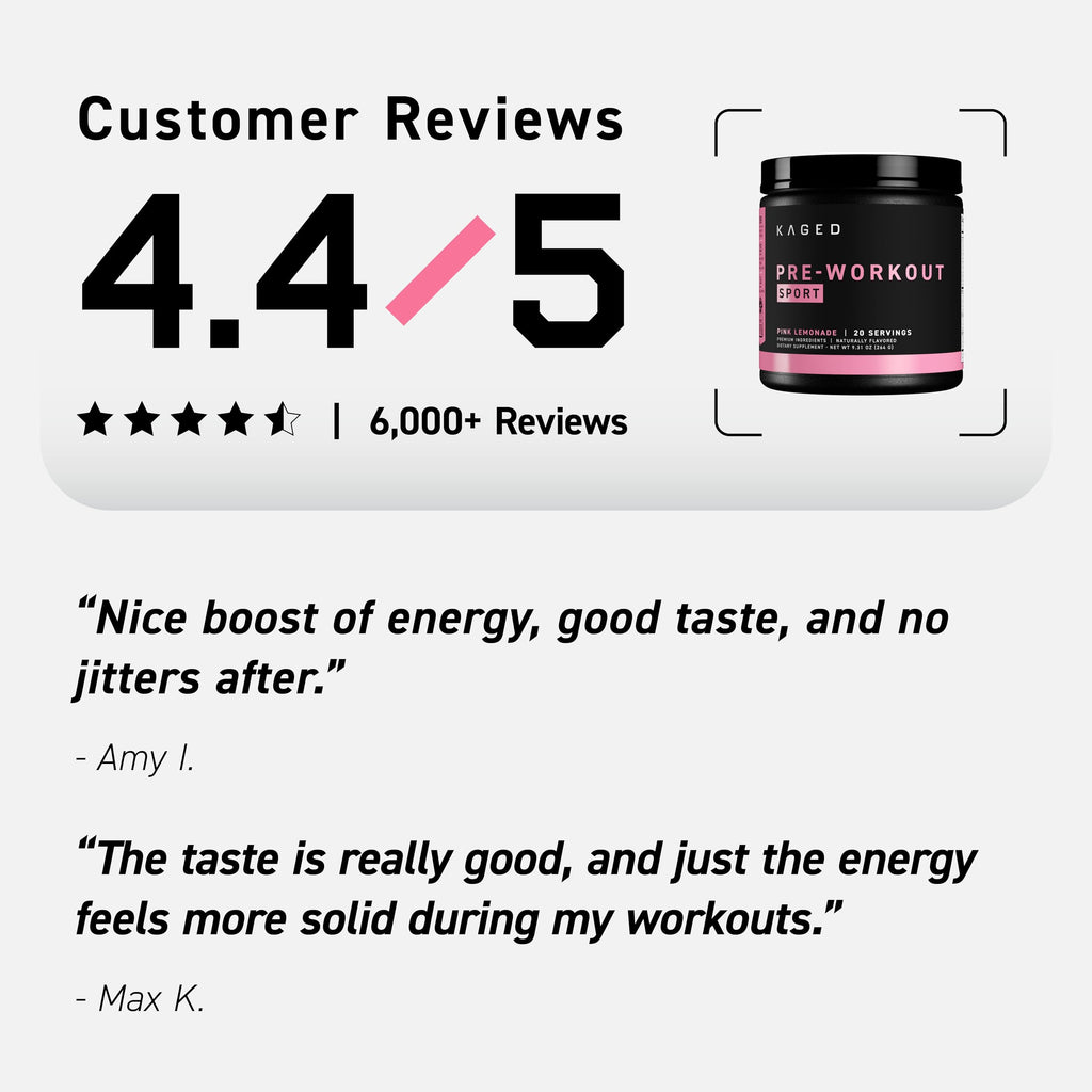 Kaged Sport Pre Workout Powder for Men & Women, Pink Lemonade, Sport Certified, 188mg Caffeine, Nitric Oxide, Beta Alanine, 20 Servings