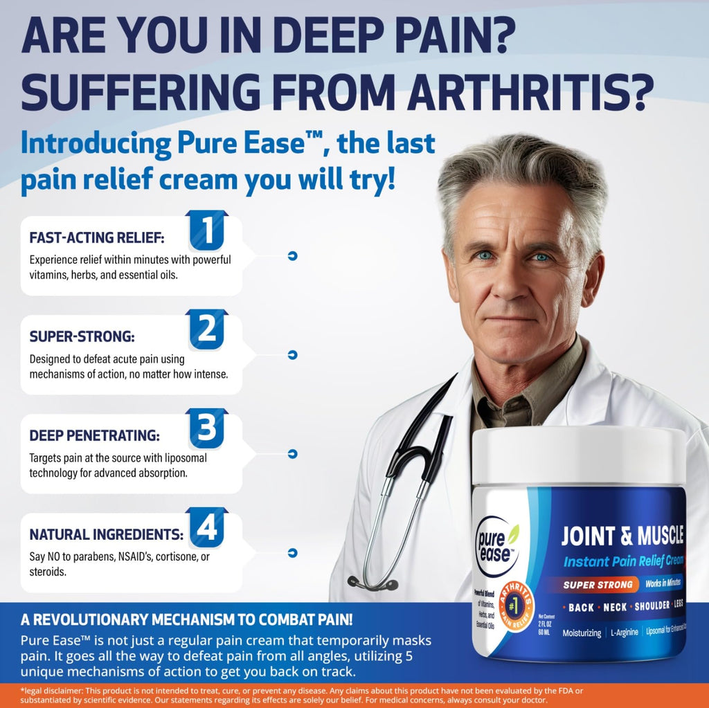 Pure Ease Arthritis Pain Relief Cream for Back 3 in 1 Maximum Instant Relief 2 OZ - Fast-Acting Muscle Pain Cream Extra Strength Joint & Knee - Powerful Formula for Neck Shoulder & Lower Back Pure Ease Au supplements