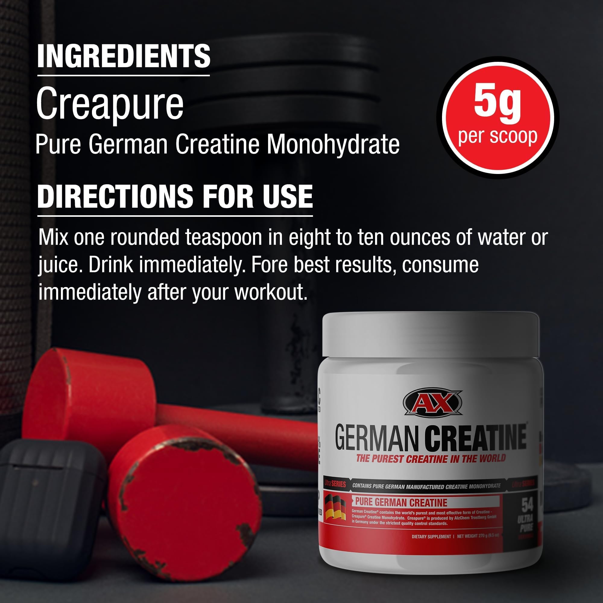 German Creatine - Micronized Creatine Monohydrate Powder, 99.99% Pure Creapure for Muscle Growth, Strength & Performance, Supports Muscle Recovery, 3rd Party Tested