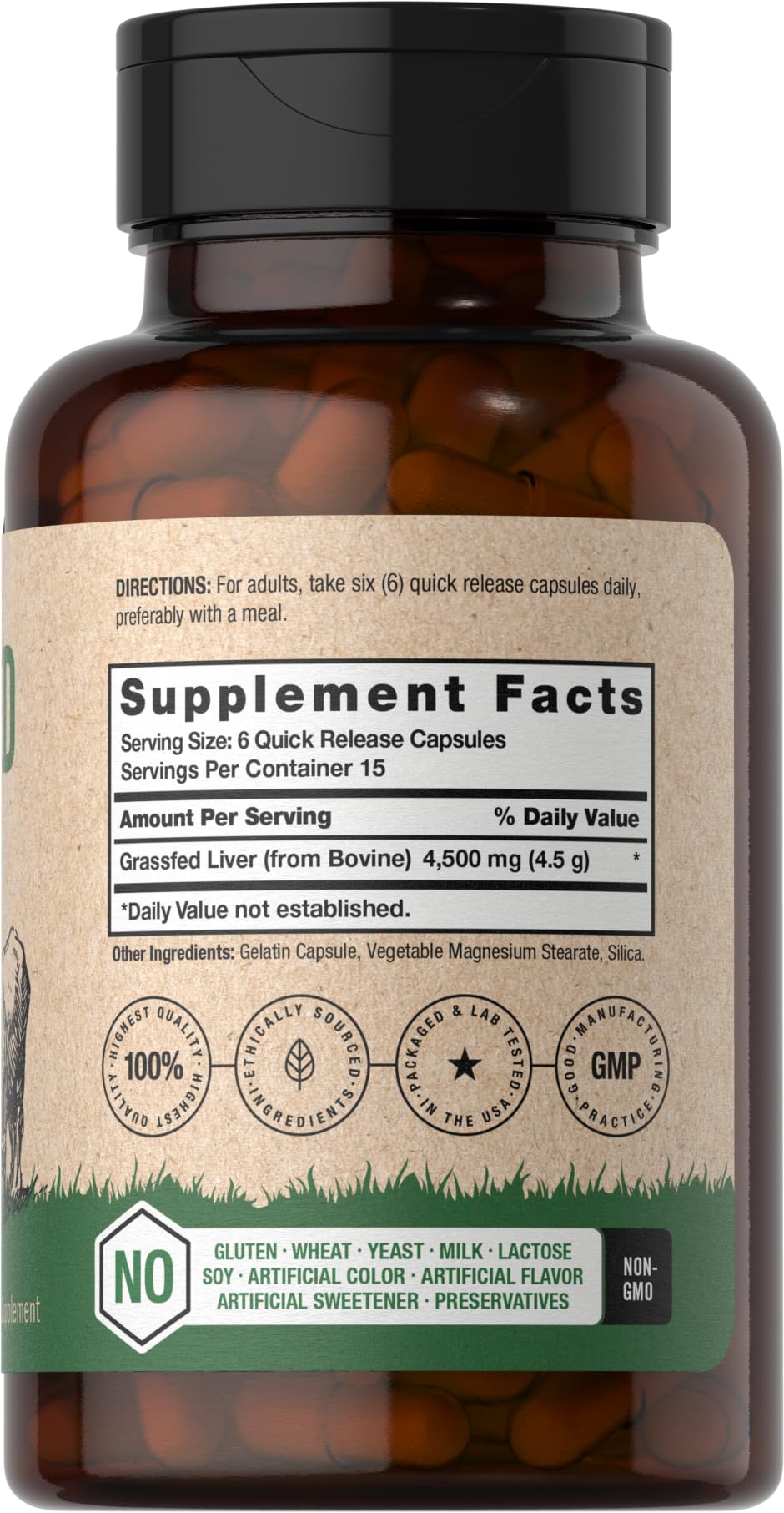 Horbäach Grass Fed Beef Liver | 4500mg | 90 Capsules | Desiccated, Pasture Raised, Grain Free, Non-GMO Supplement