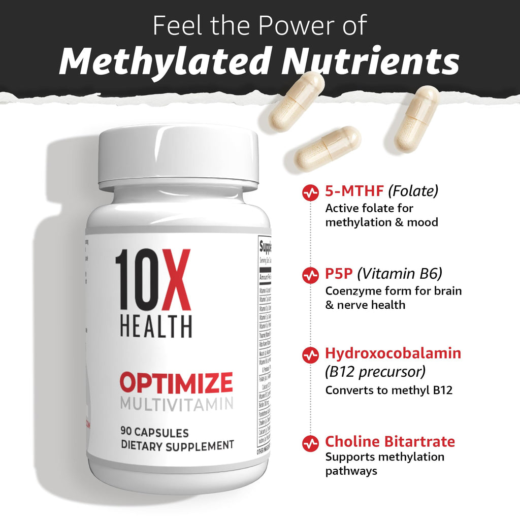 10X Health Optimize Methylated Multivitamin for Men - 90 Capsules, 34 in 1 Formula with 800 mcg of Vitamin B12, 5-MTHF, NAC